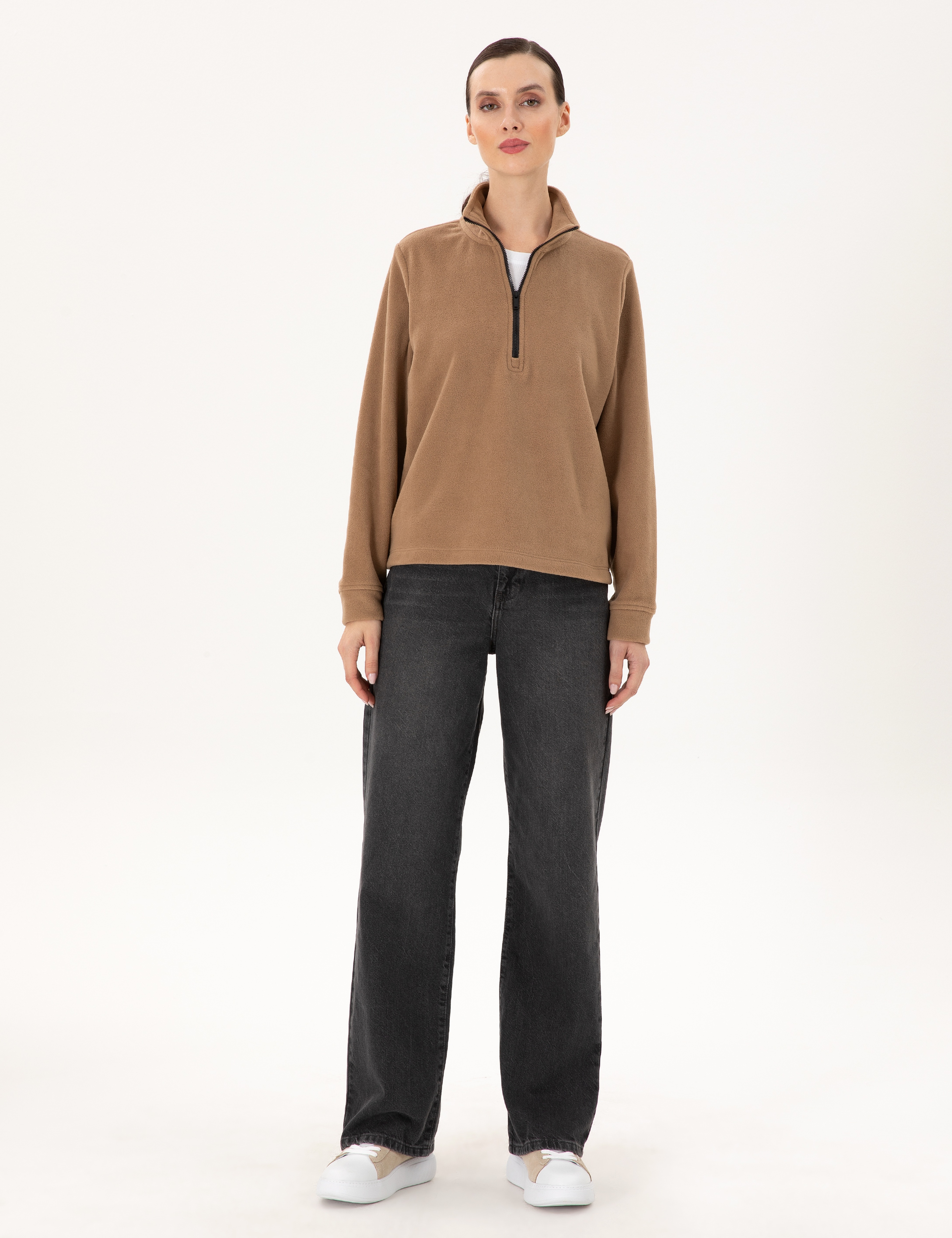 Camel Comfort Fit Fermuarlı Polar Sweatshirt - Image 4
