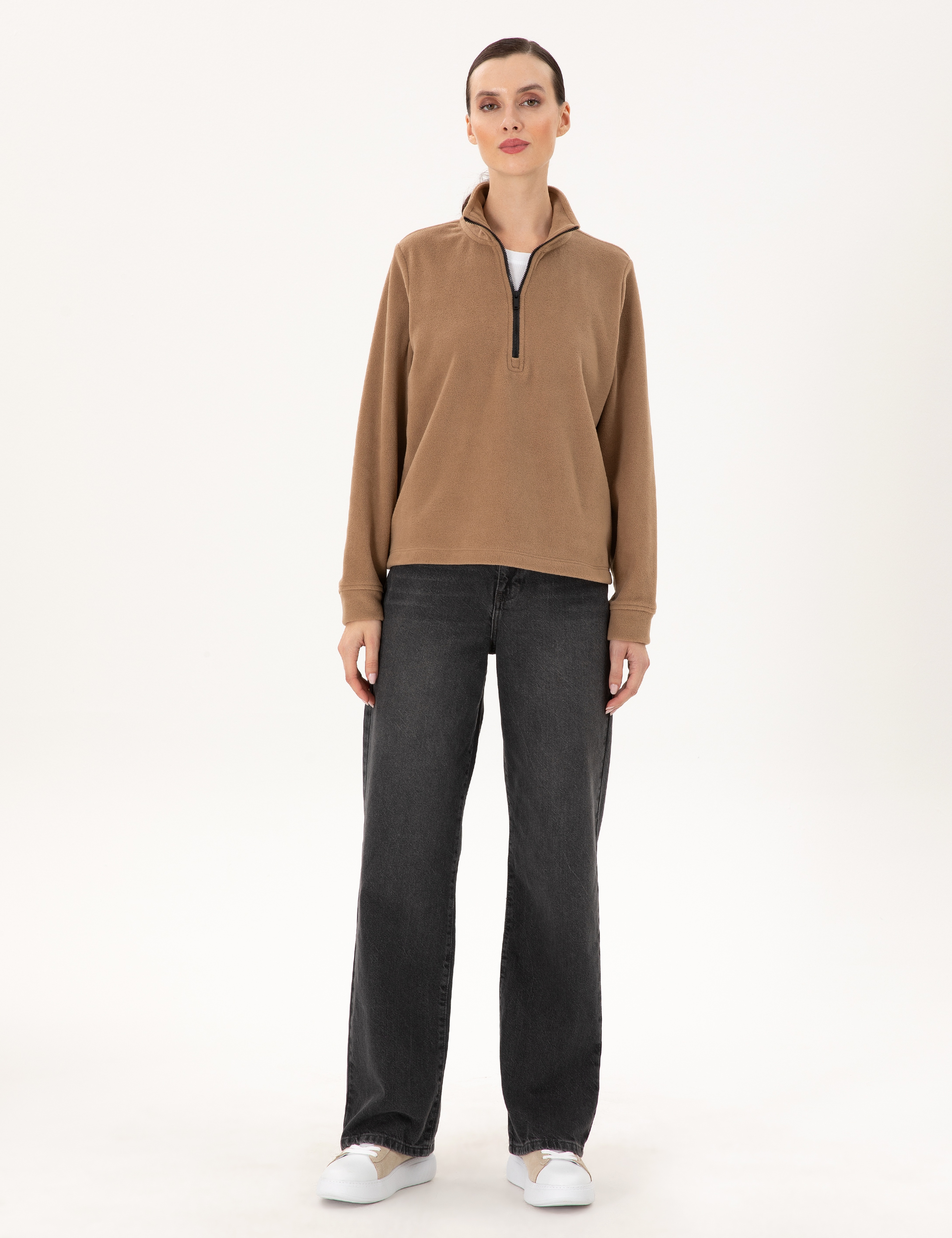 Camel Comfort Fit Fermuarlı Polar Sweatshirt