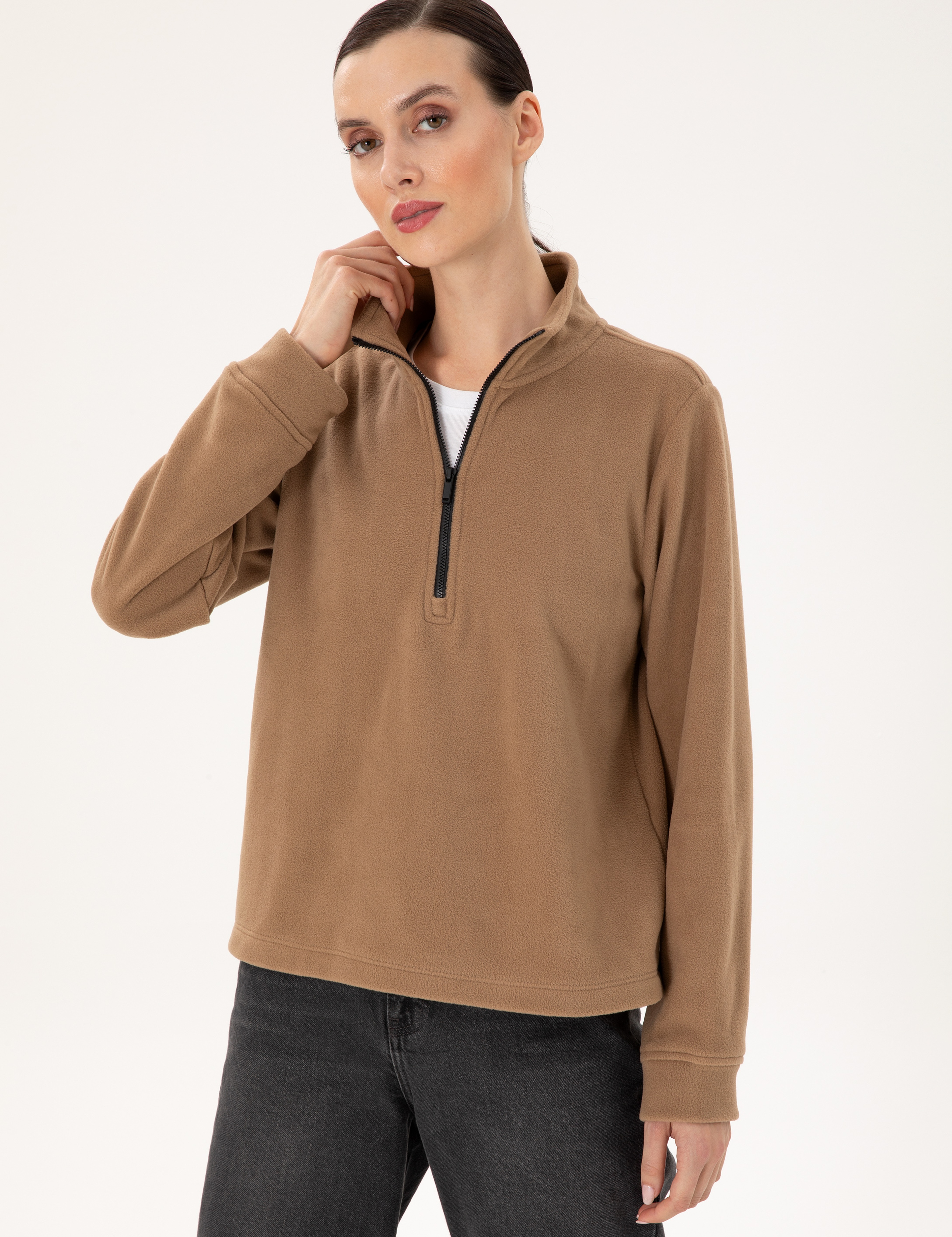 Camel Comfort Fit Fermuarlı Polar Sweatshirt - Image 3