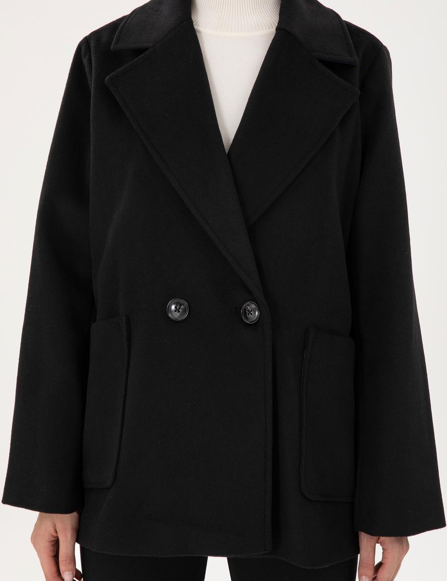 Siyah Comfort Fit Kaşe Kaban