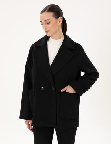 Siyah Comfort Fit Yün Karışımlı Kaşe Kaban