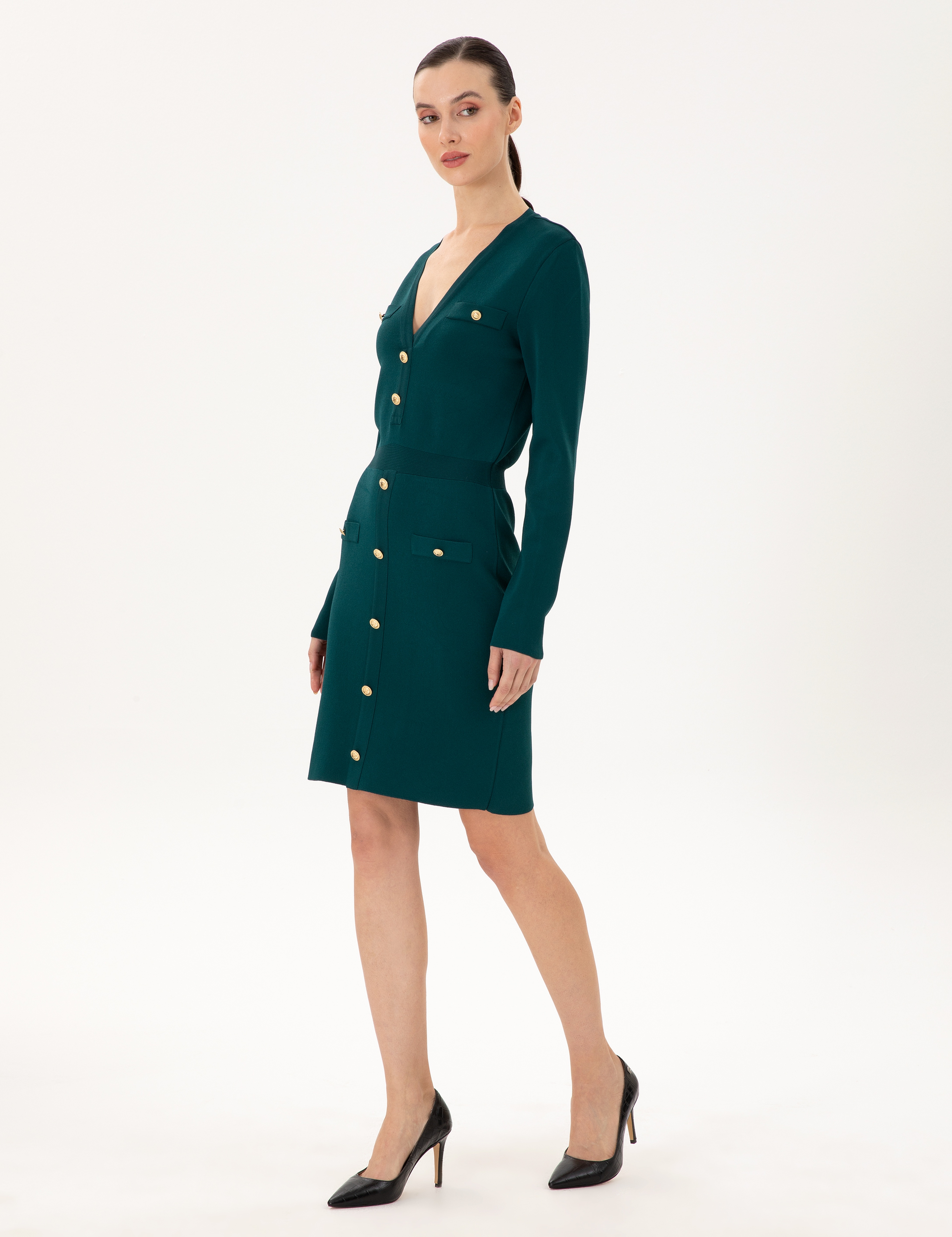 Koyu Yeşil Slim Fit Triko Elbise - Image 3