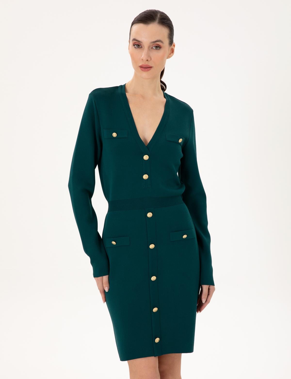 Koyu Yeşil Slim Fit Triko Elbise - 50290605007