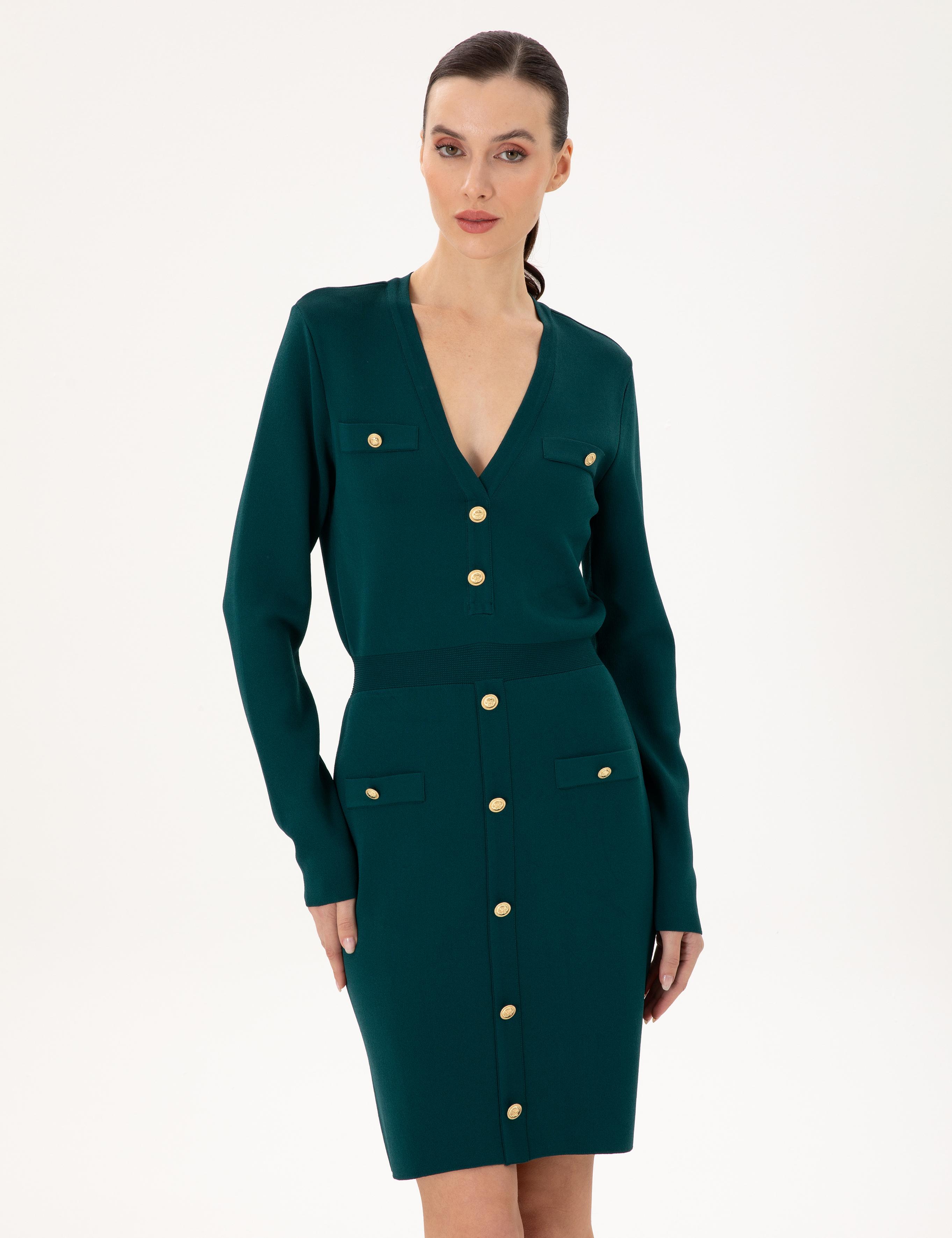 Koyu Yeşil Slim Fit Triko Elbise