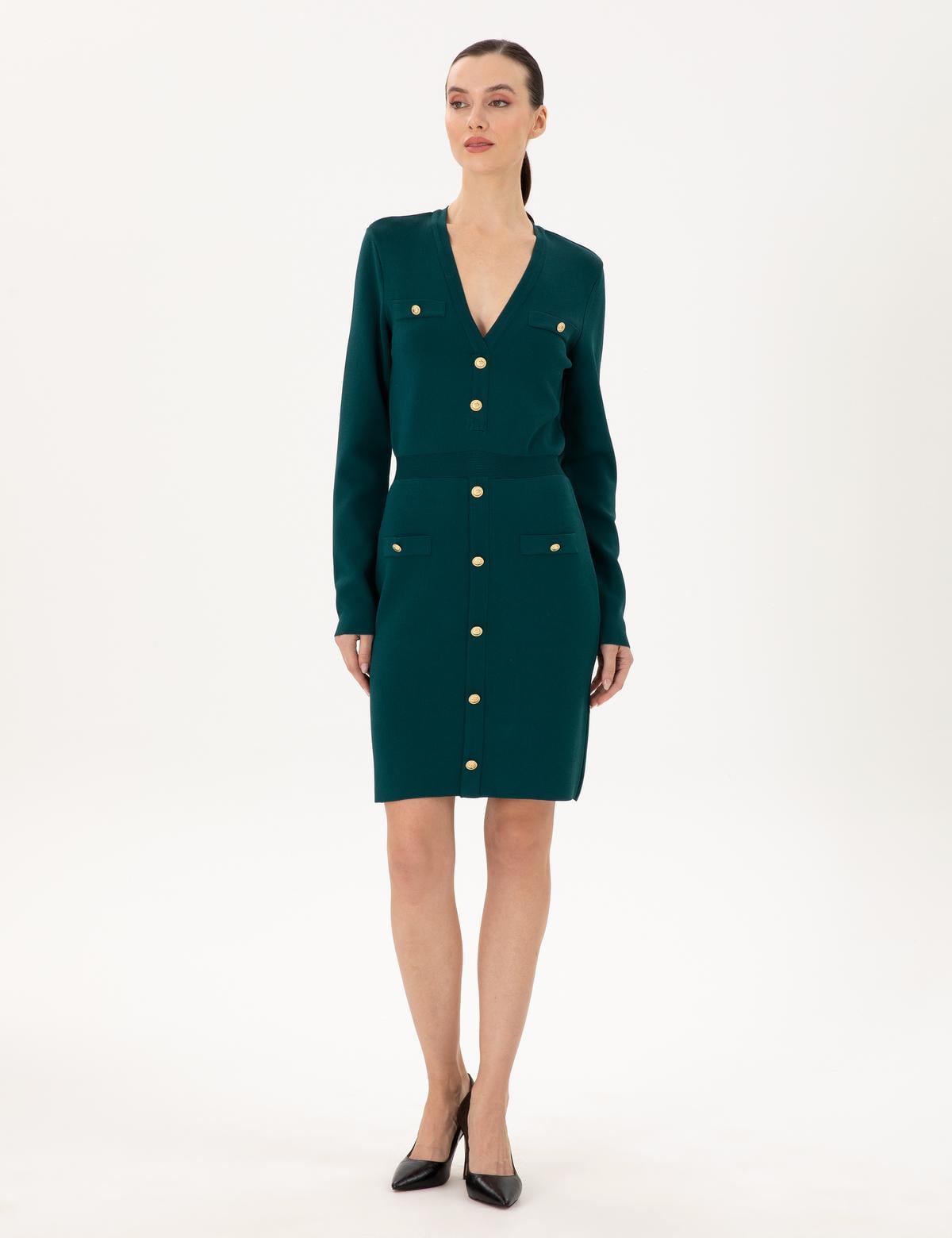 Koyu Yeşil Slim Fit Triko Elbise