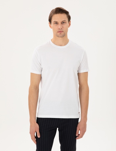 Beyaz Slim Fit %100 Pamuk Bisiklet Yaka Tişört
