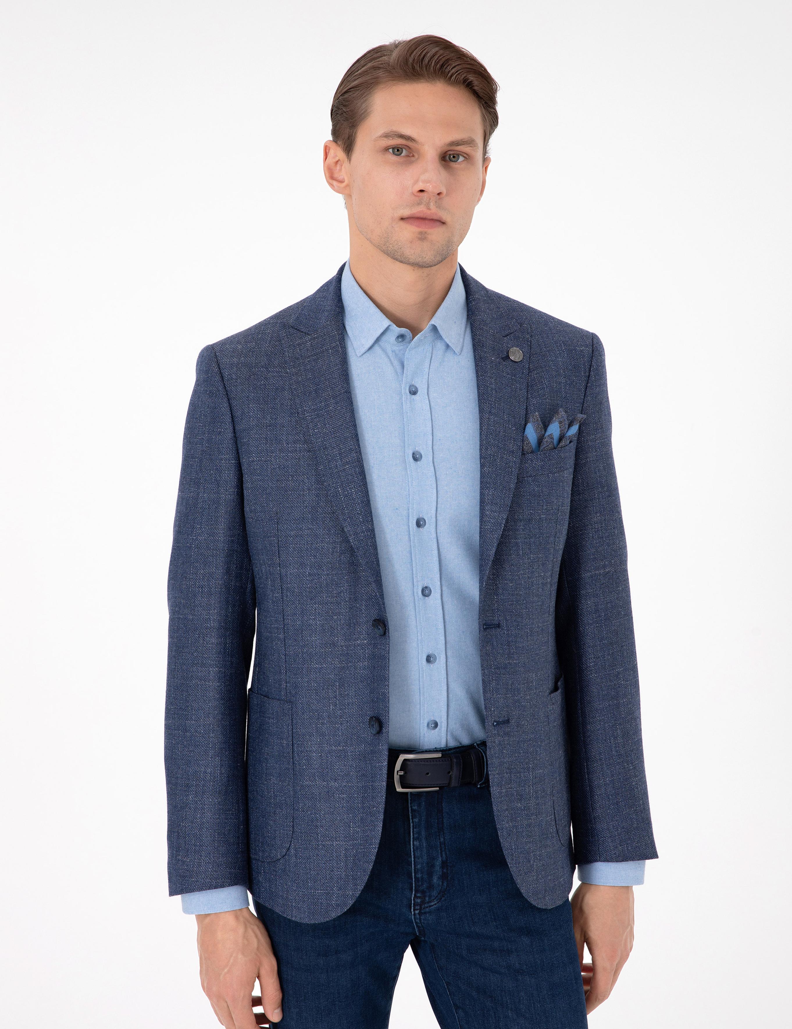 Koyu Mavi Slim Fit Yünlü Ceket