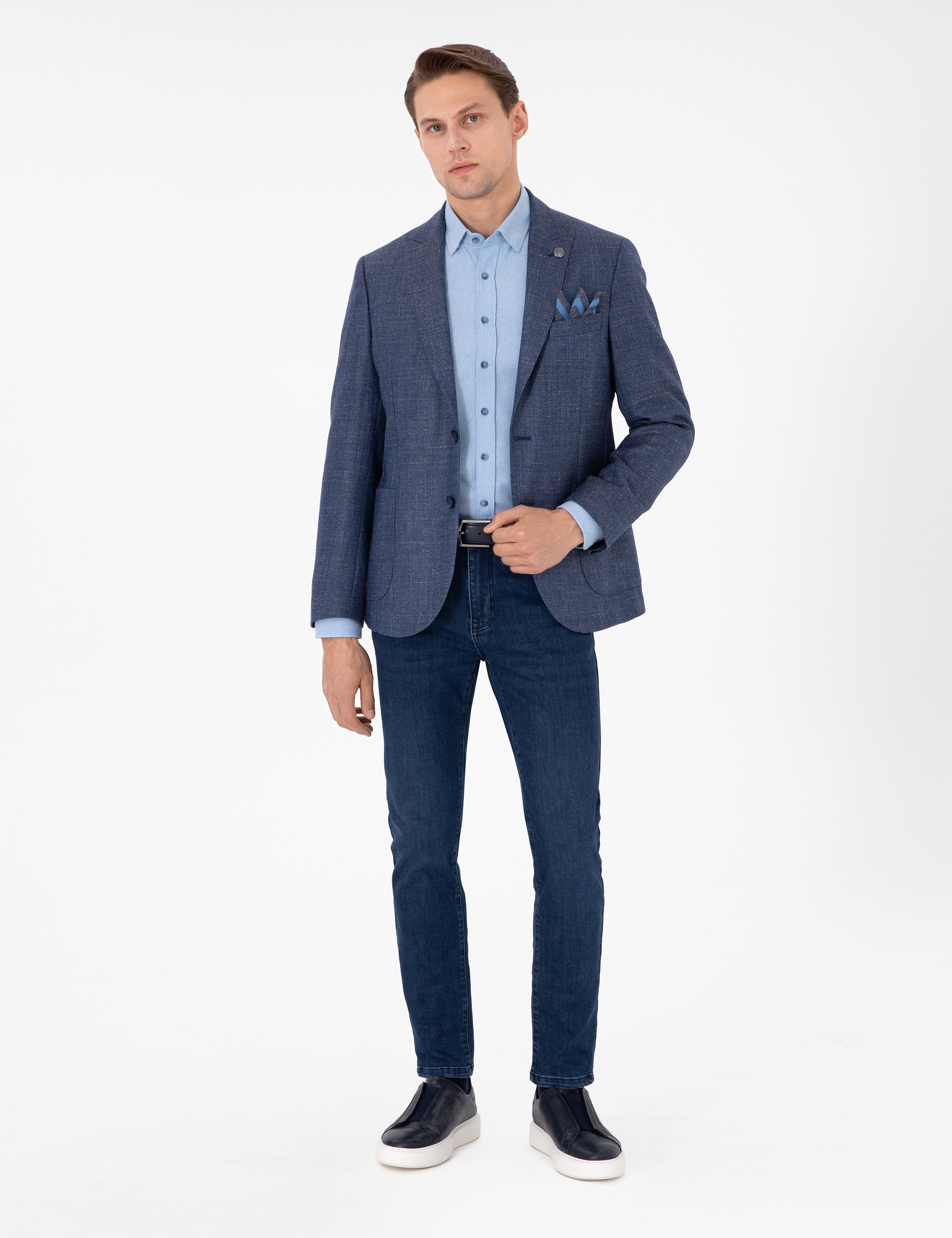 Koyu Mavi Slim Fit Yünlü Ceket - Image 4