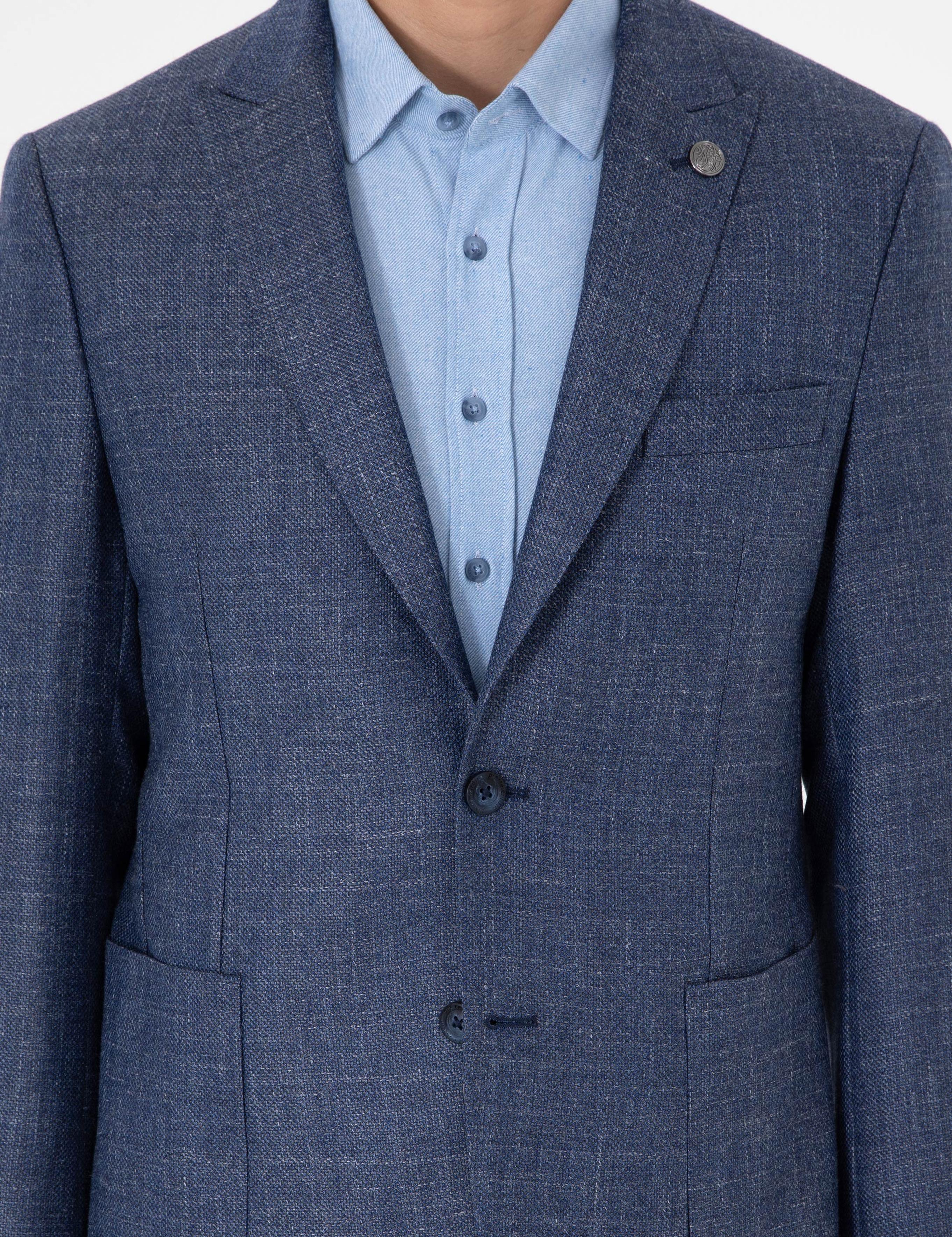 Koyu Mavi Slim Fit Yünlü Ceket