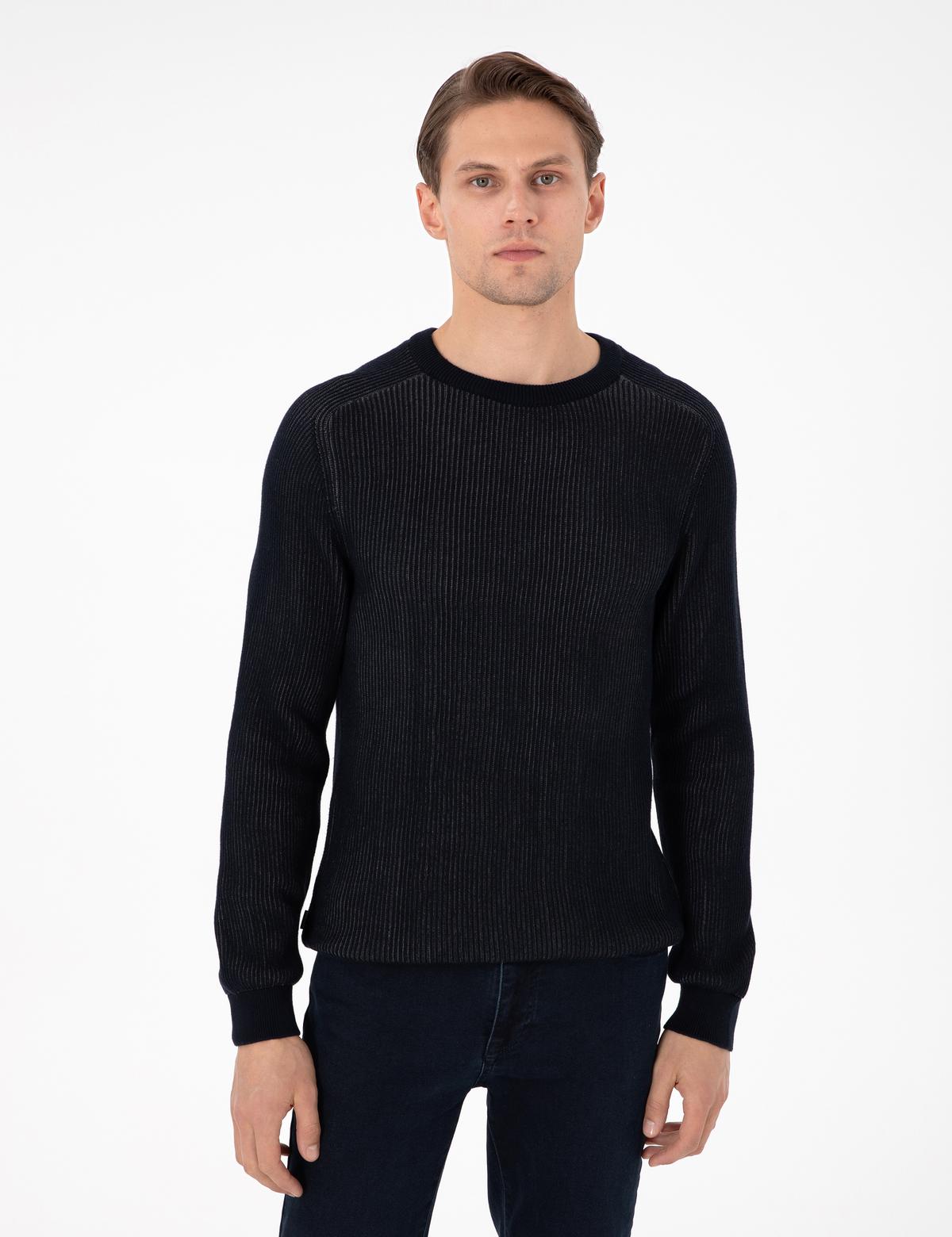 Lacivert Slim Fit Bisiklet Yaka Triko Kazak