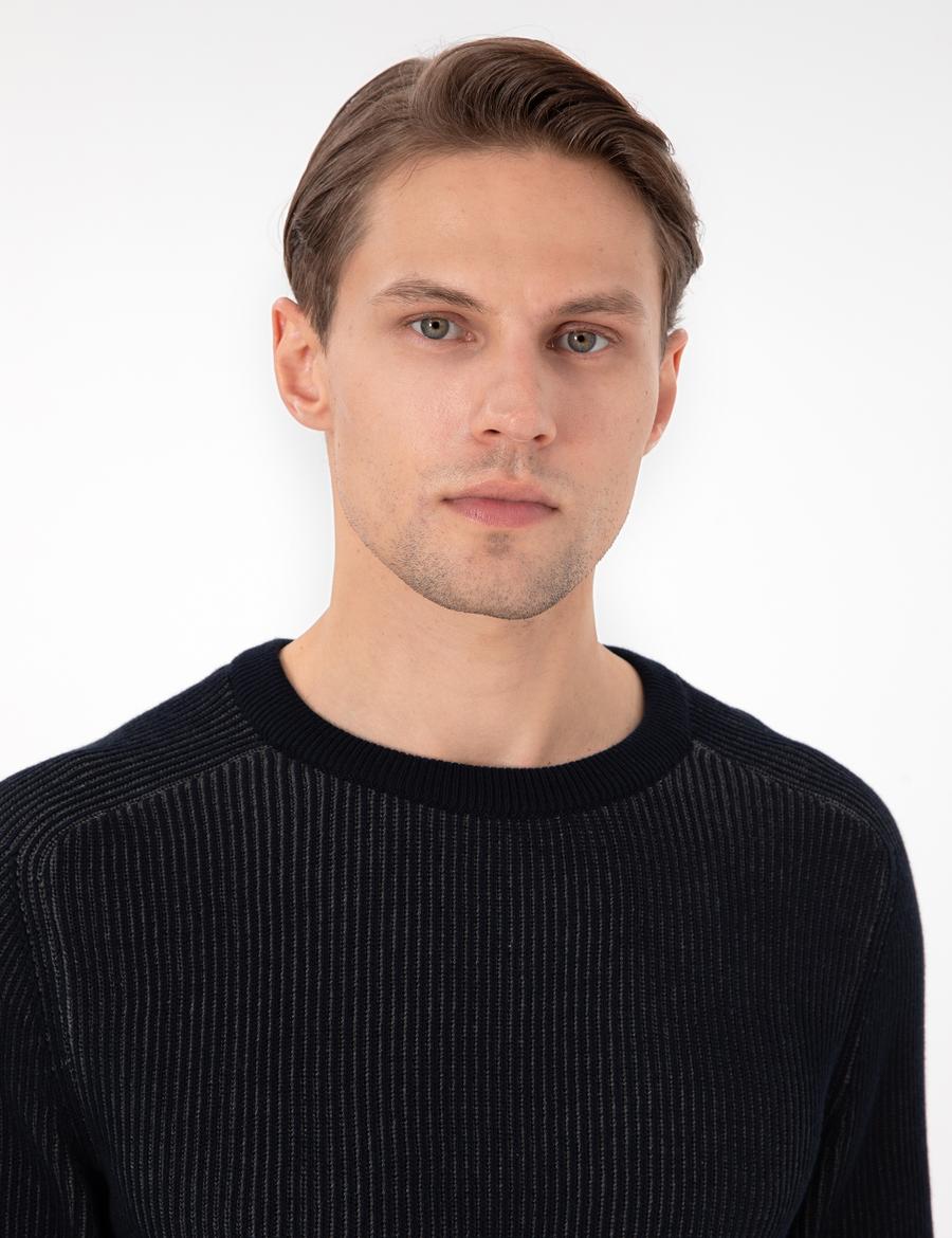 Lacivert Slim Fit Bisiklet Yaka Triko Kazak