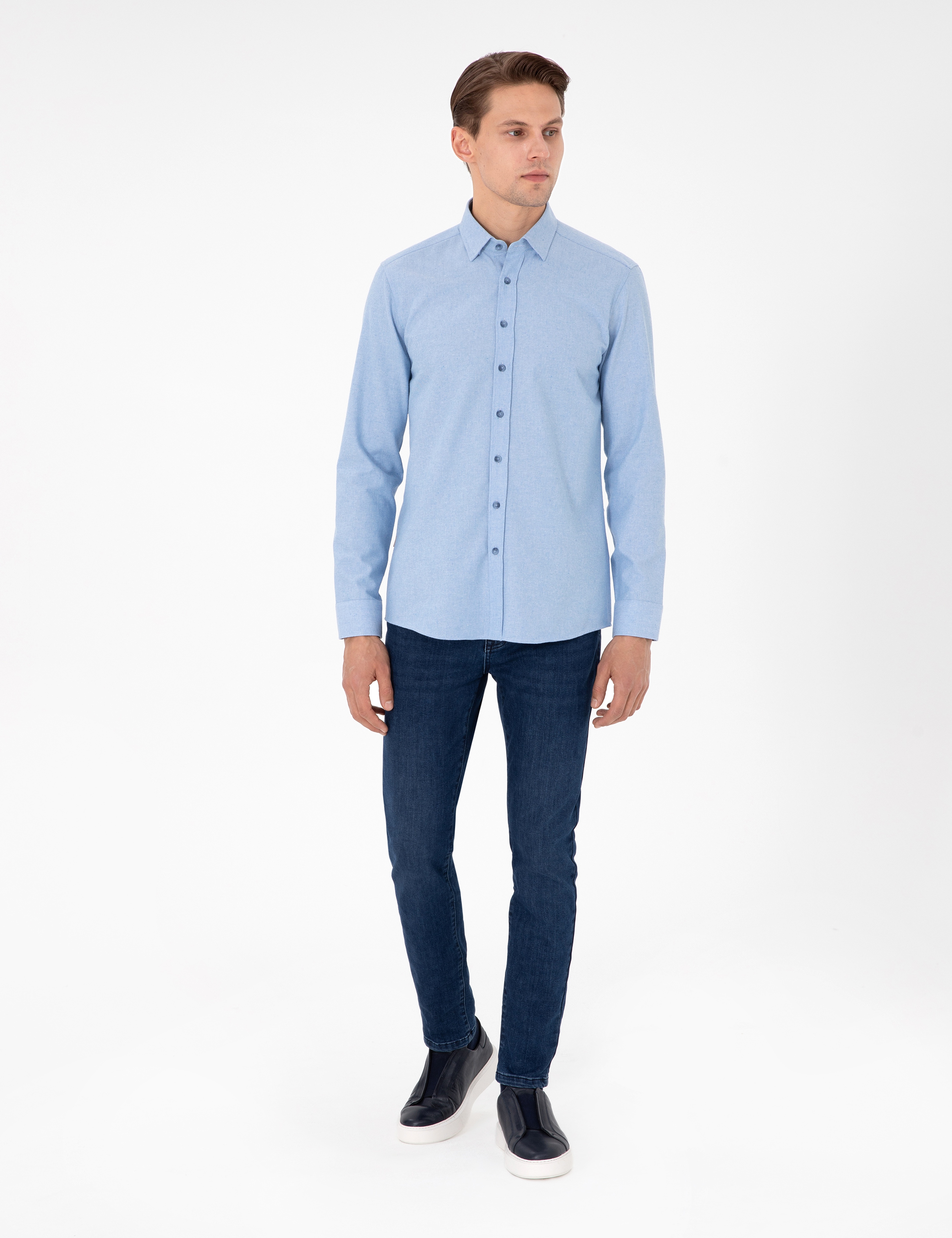 Açık Mavi Slim Fit Uzun Kollu Gömlek - Image 4