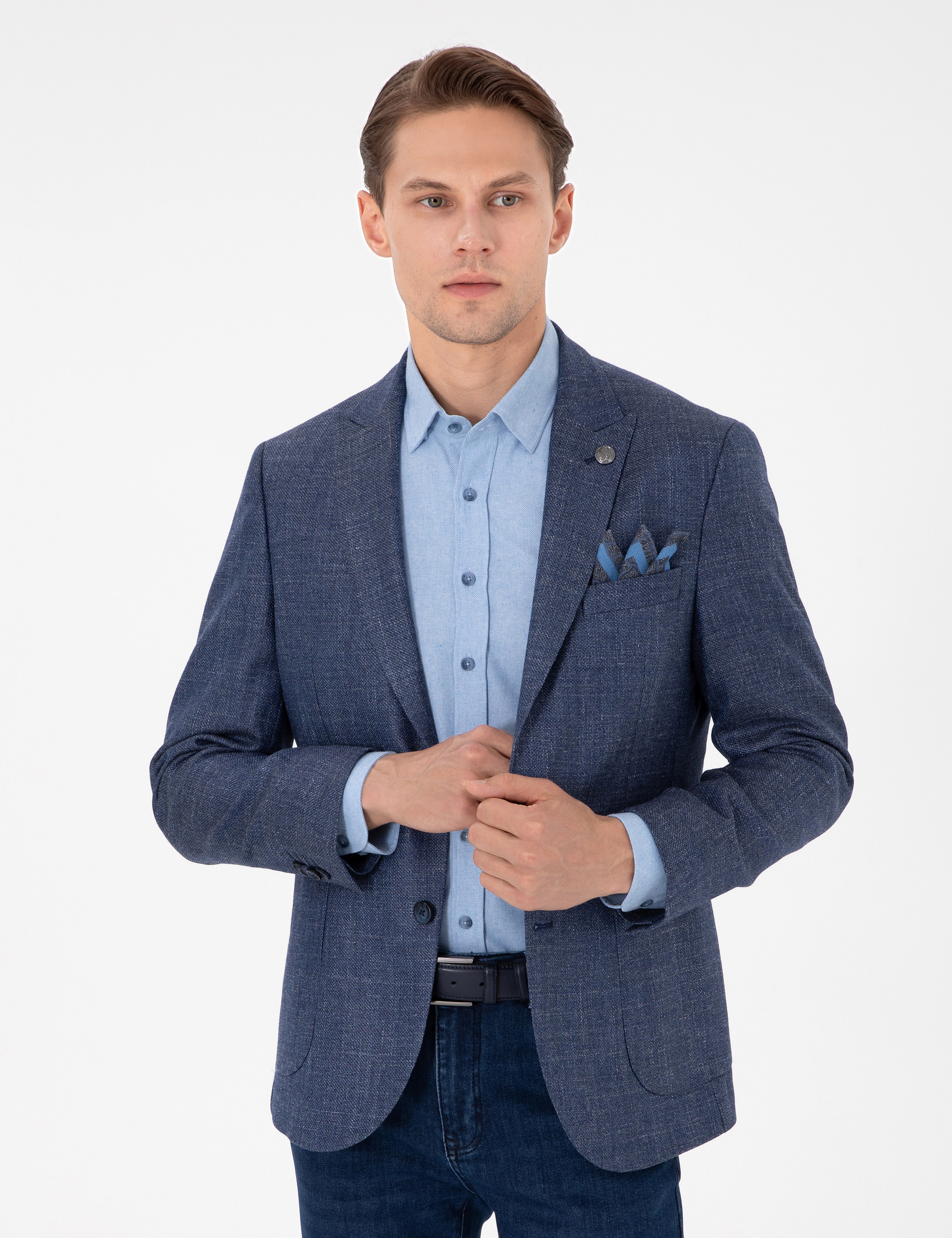 Koyu Mavi Slim Fit Yünlü Ceket - Image 1