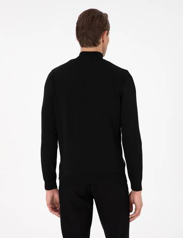 Siyah Slim Fit Fermuarlı Dik Yaka Triko Kazak