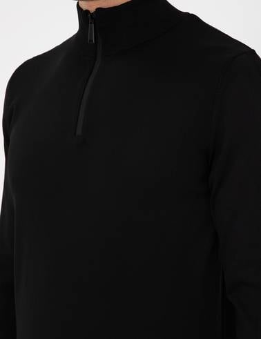 Siyah Slim Fit Fermuarlı Dik Yaka Triko Kazak