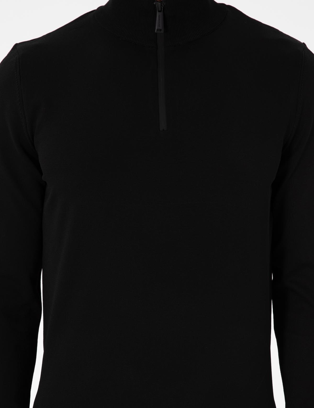 Siyah Slim Fit Fermuarlı Dik Yaka Triko Kazak - 50279383018
