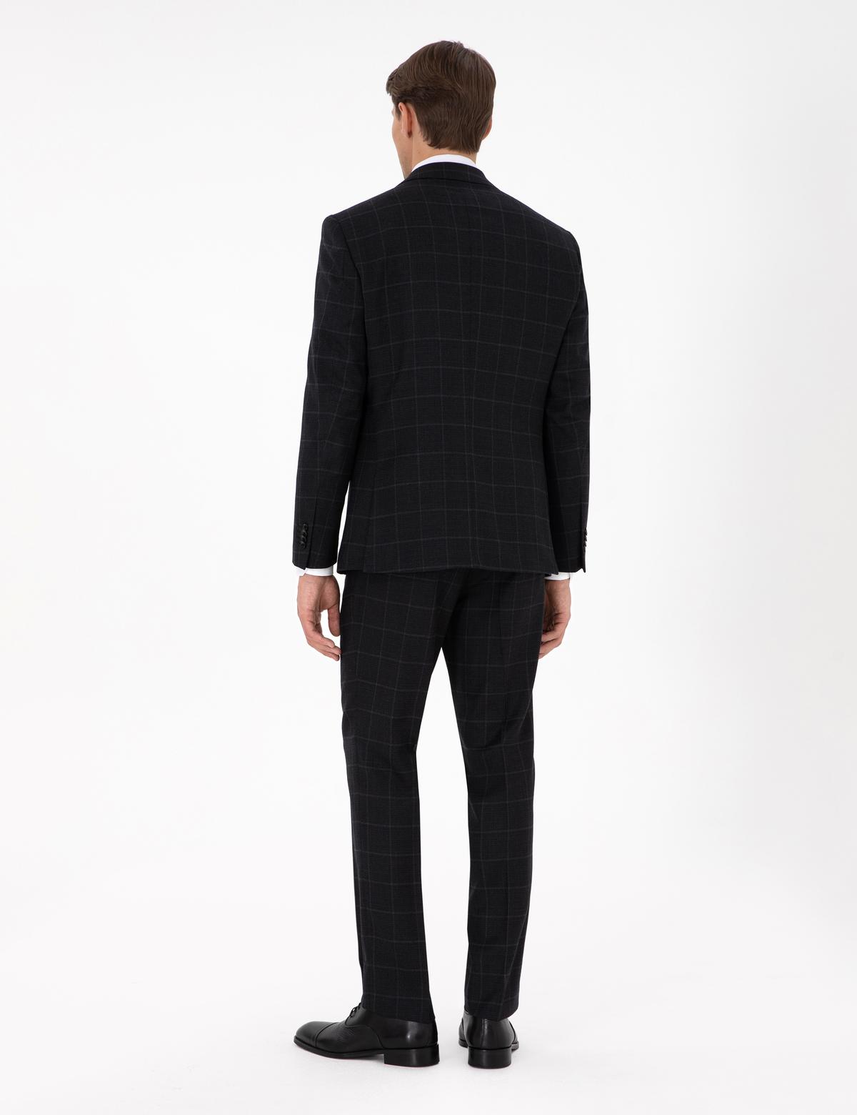 Siyah Slim Fit Ekose Yünlü Takım Elbise - 50291964008