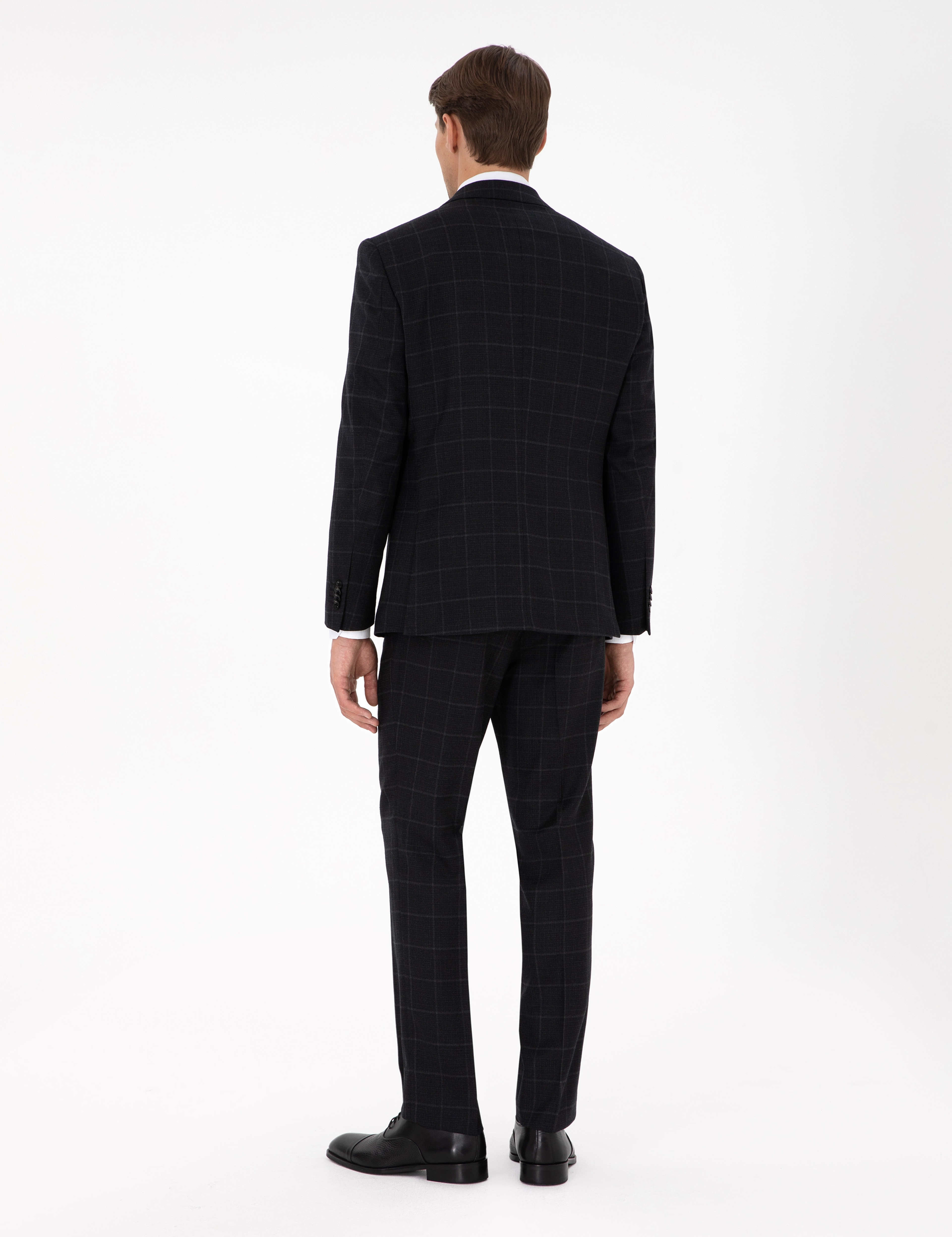 Siyah Slim Fit Ekose Yünlü Takım Elbise - Image 5
