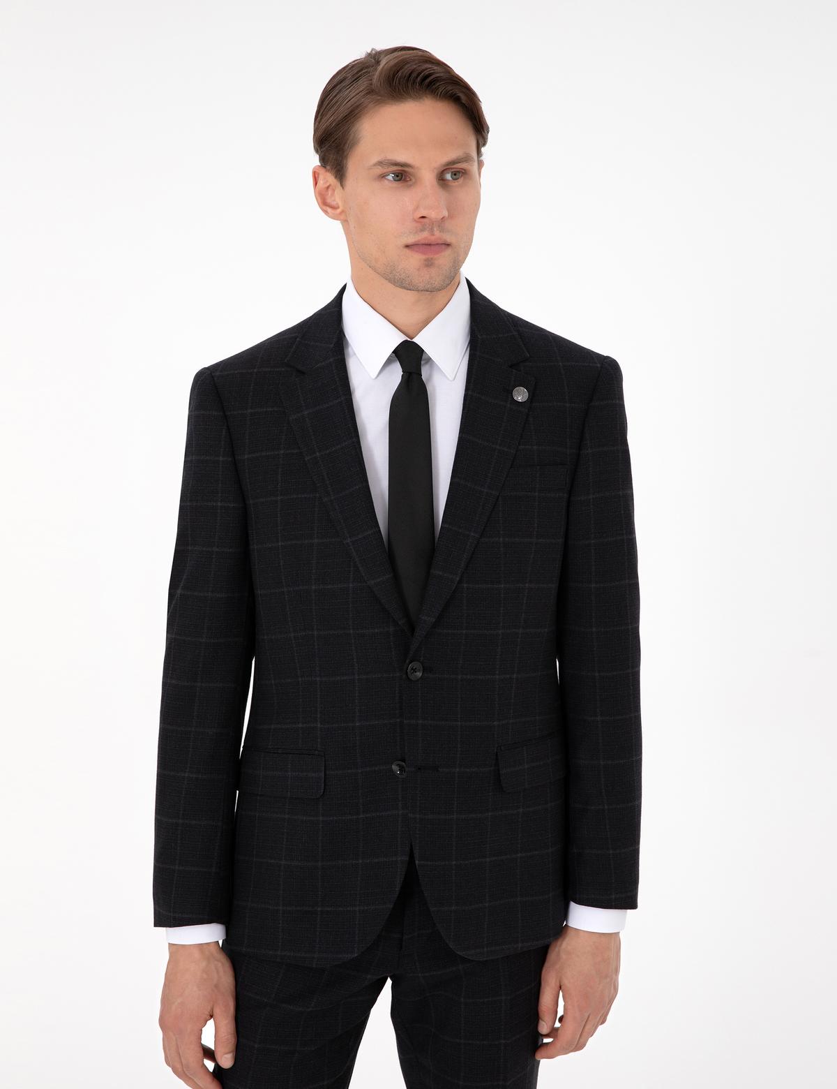 Siyah Slim Fit Ekose Yünlü Takım Elbise - 50291964008