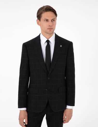 Siyah Slim Fit Ekose Yünlü Takım Elbise