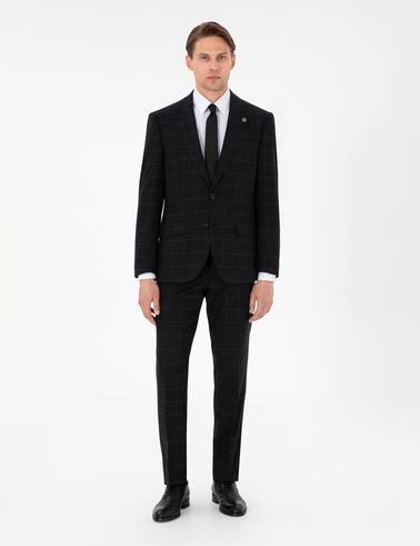 Siyah Slim Fit Ekose Yünlü Takım Elbise