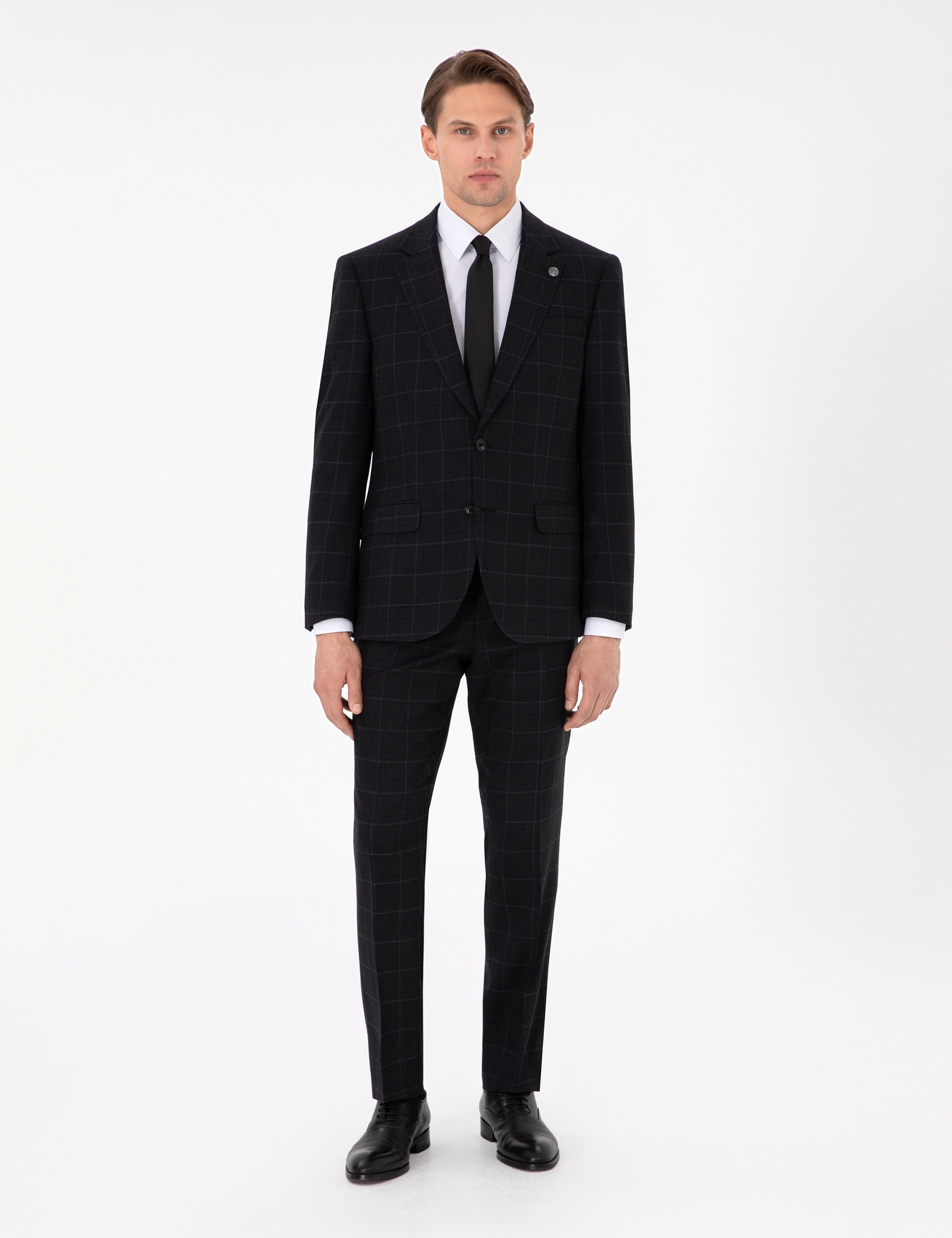 Siyah Slim Fit Ekose Yünlü Takım Elbise - Image 1