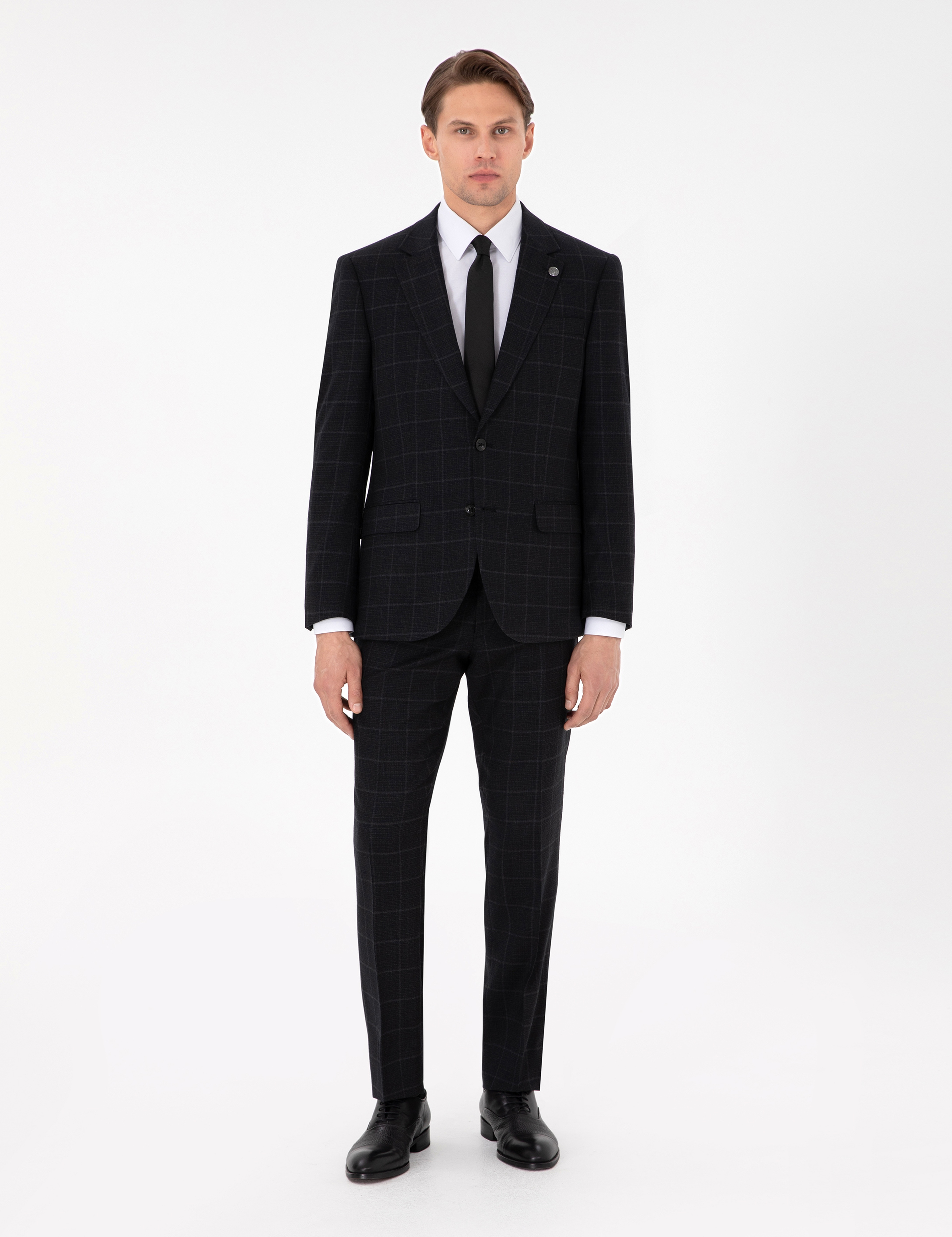 Siyah Slim Fit Ekose Yünlü Takım Elbise