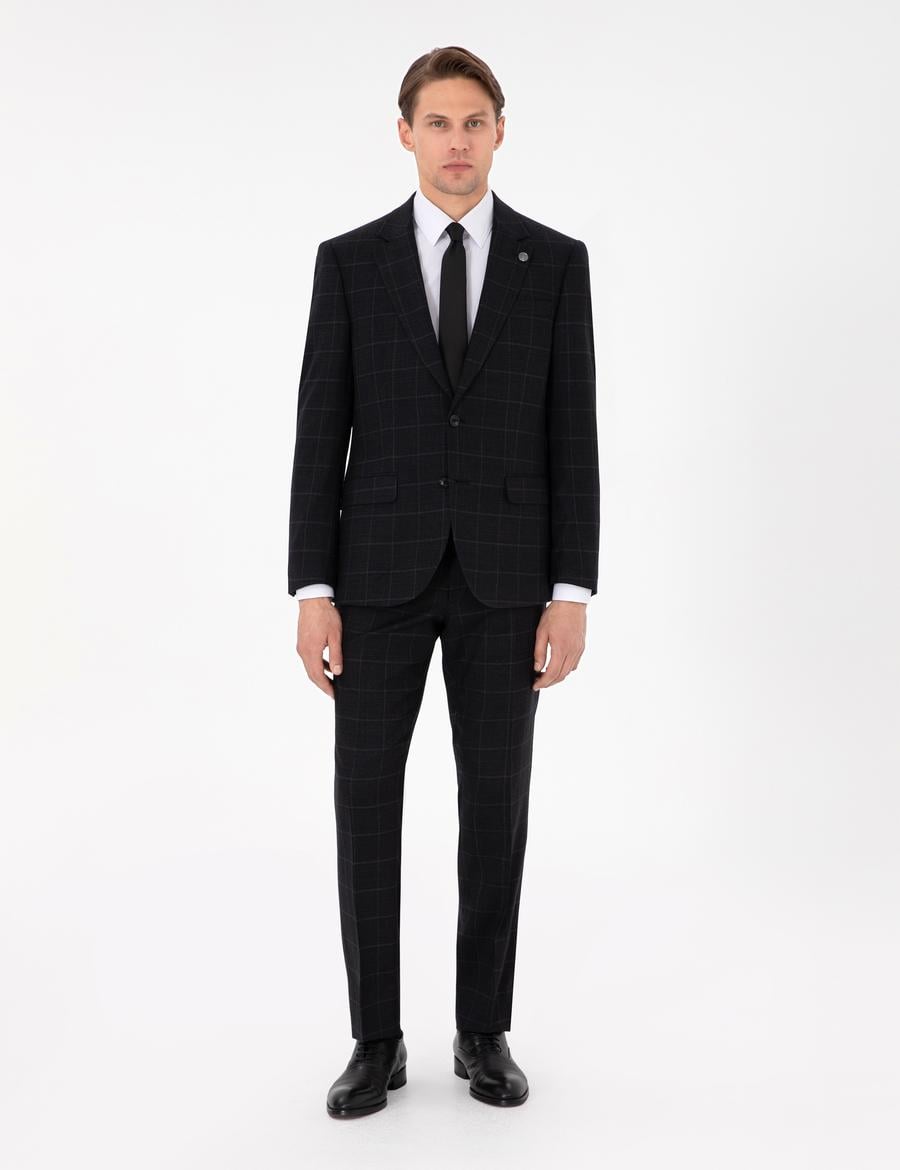 Siyah Slim Fit Ekose Yünlü Takım Elbise