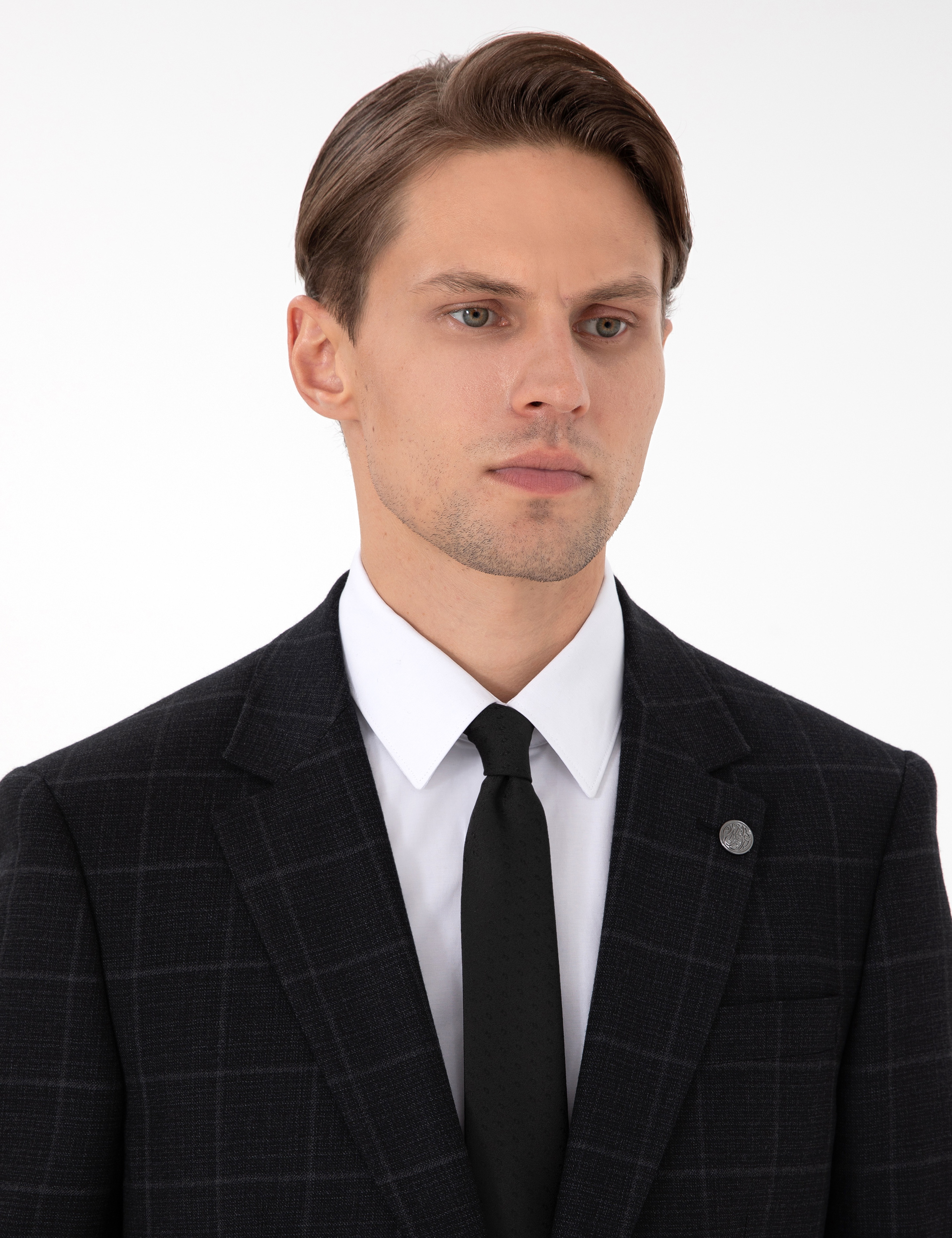 Siyah Slim Fit Ekose Yünlü Takım Elbise