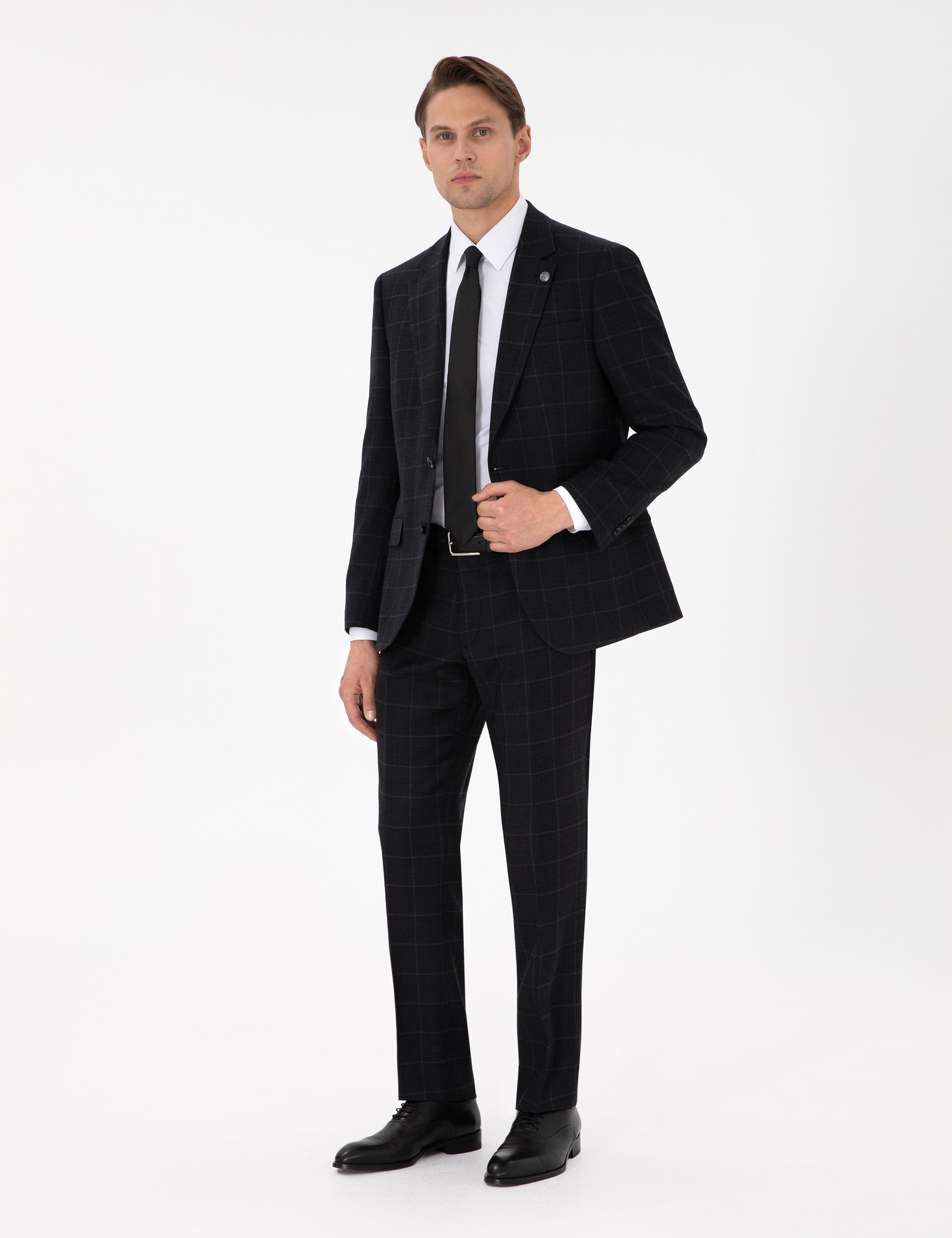 Siyah Slim Fit Ekose Yünlü Takım Elbise