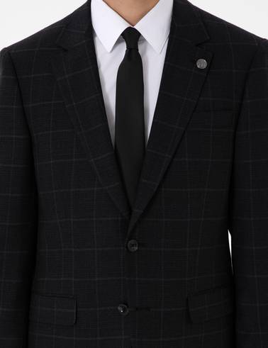 Siyah Slim Fit Ekose Yünlü Takım Elbise