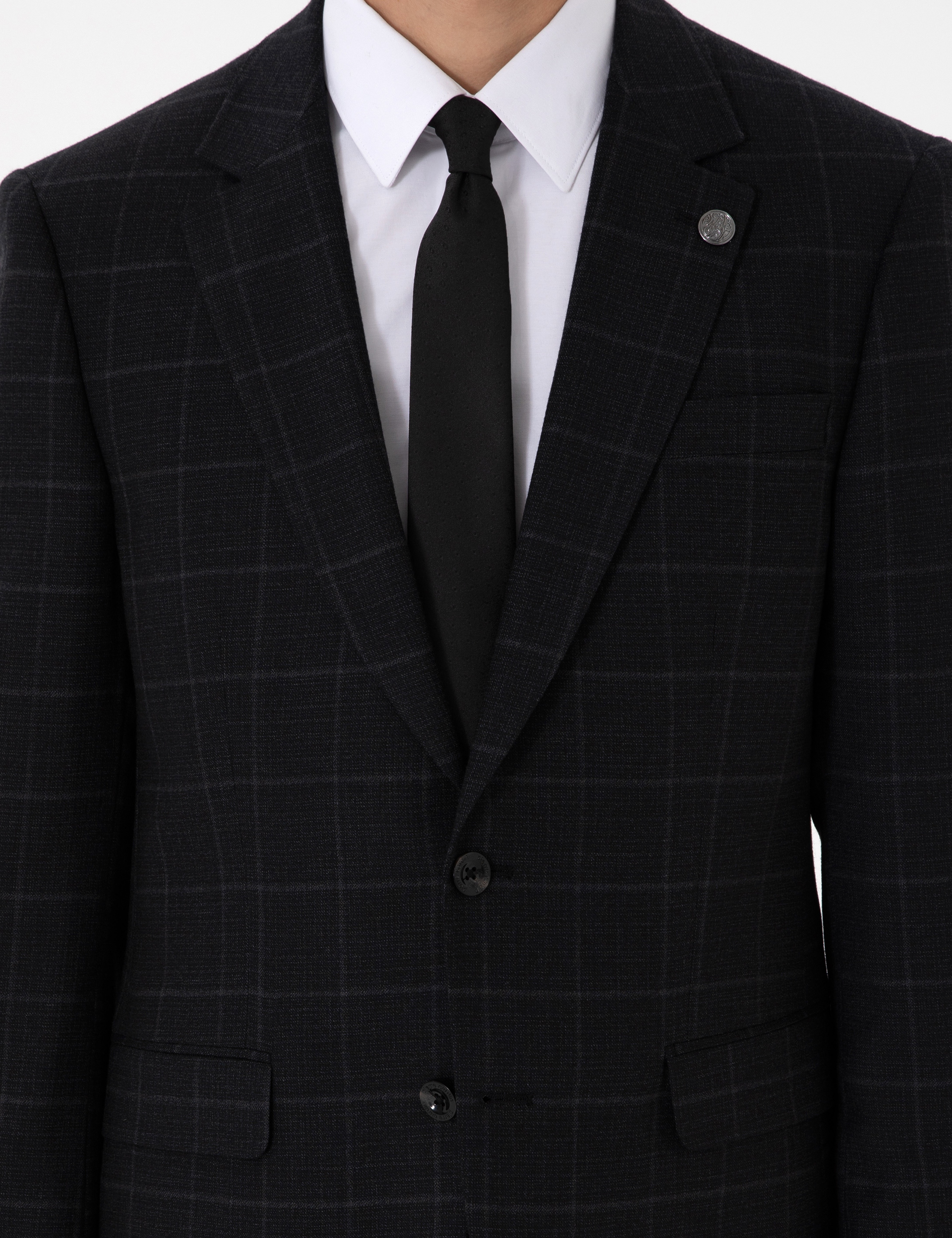 Siyah Slim Fit Ekose Yünlü Takım Elbise
