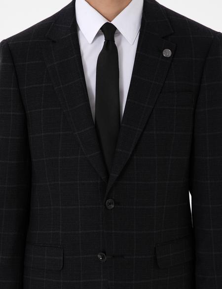 Siyah Slim Fit Ekose Yünlü Takım Elbise - 50291964008