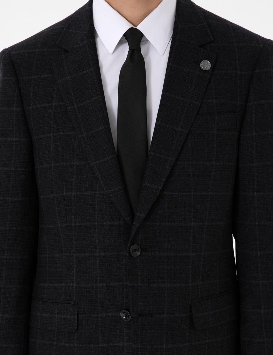 Siyah Slim Fit Ekose Yünlü Takım Elbise