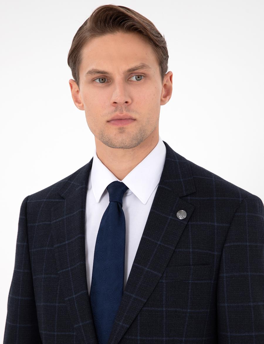 Lacivert Slim Fit Ekose Yünlü Takım Elbise