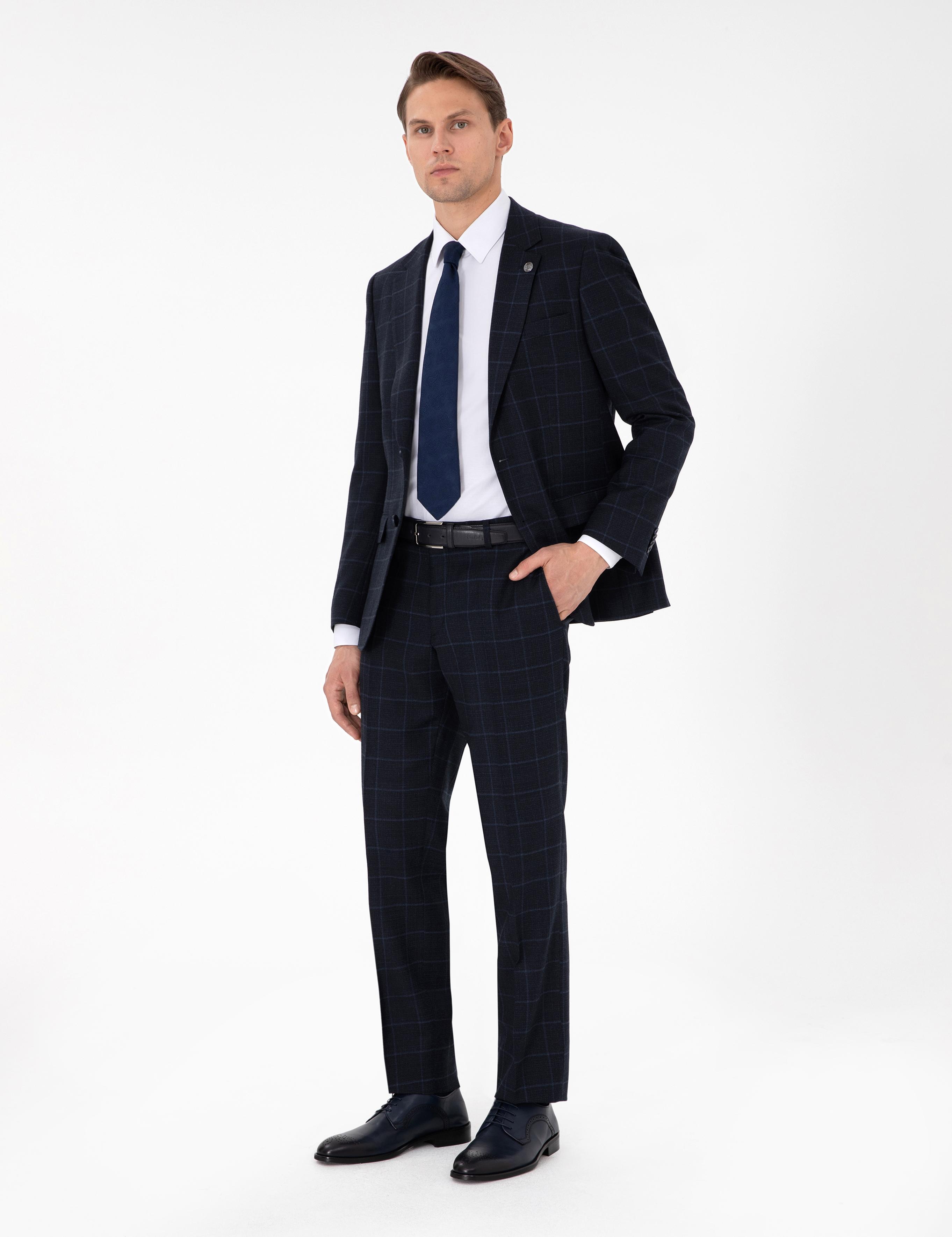 Lacivert Slim Fit Ekose Yünlü Takım Elbise