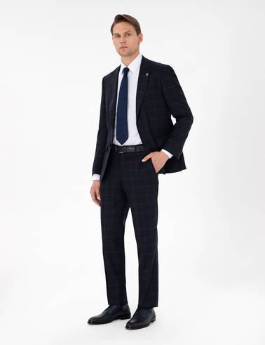 Lacivert Slim Fit Ekose Yünlü Takım Elbise