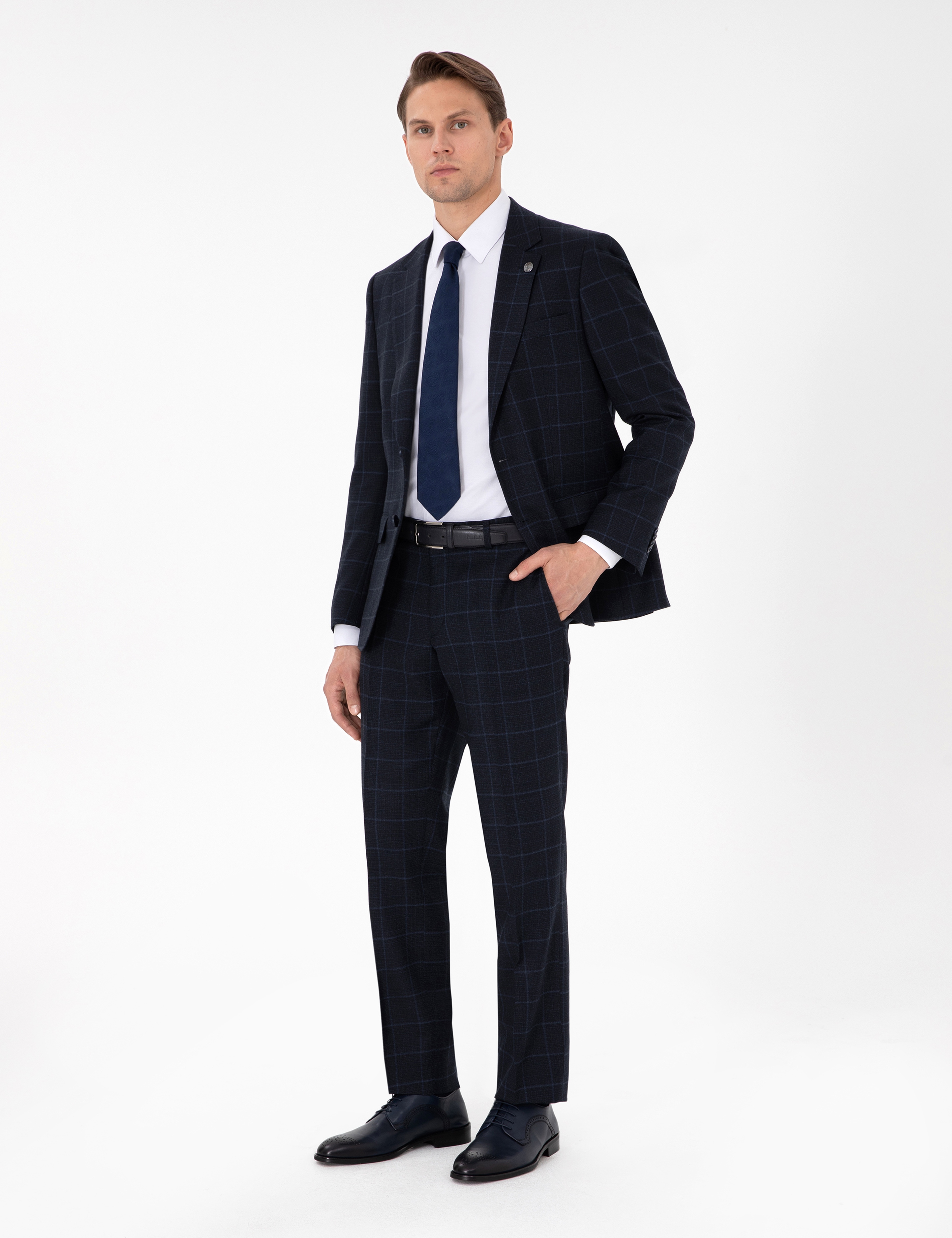 Lacivert Slim Fit Ekose Yünlü Takım Elbise - Image 4