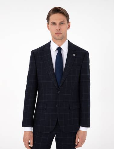 Lacivert Slim Fit Ekose Yünlü Takım Elbise
