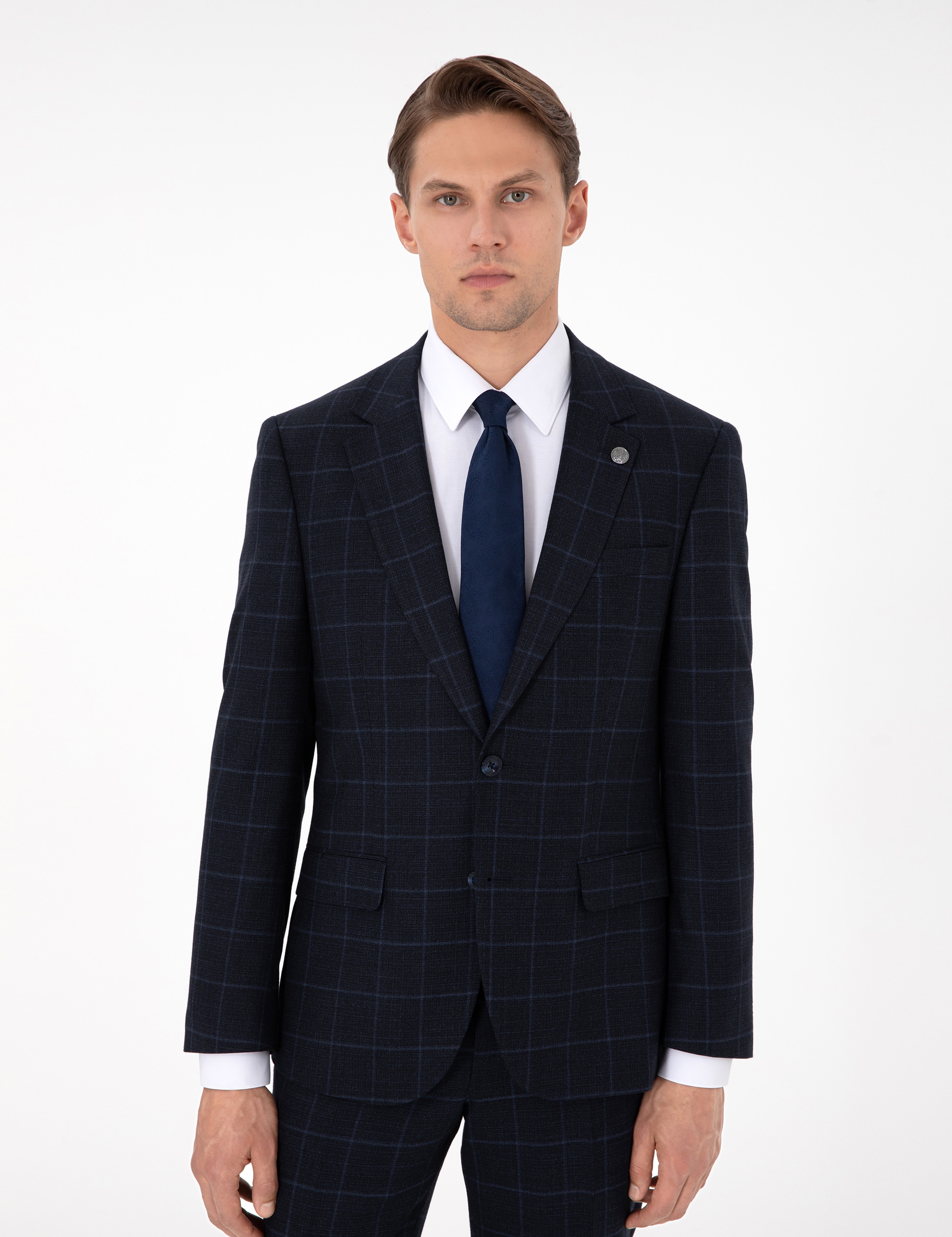 Lacivert Slim Fit Ekose Yünlü Takım Elbise - Image 3