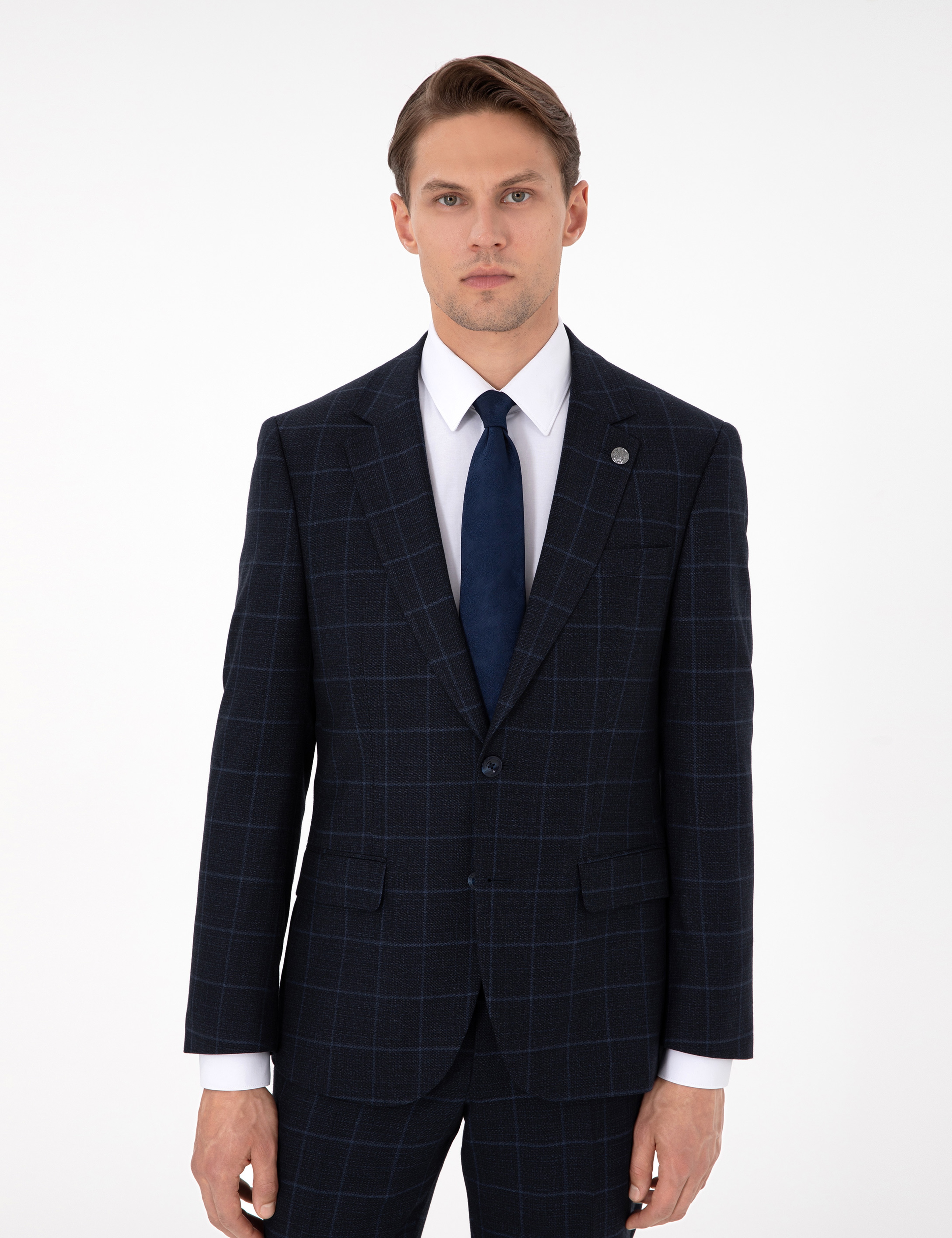Lacivert Slim Fit Ekose Yünlü Takım Elbise