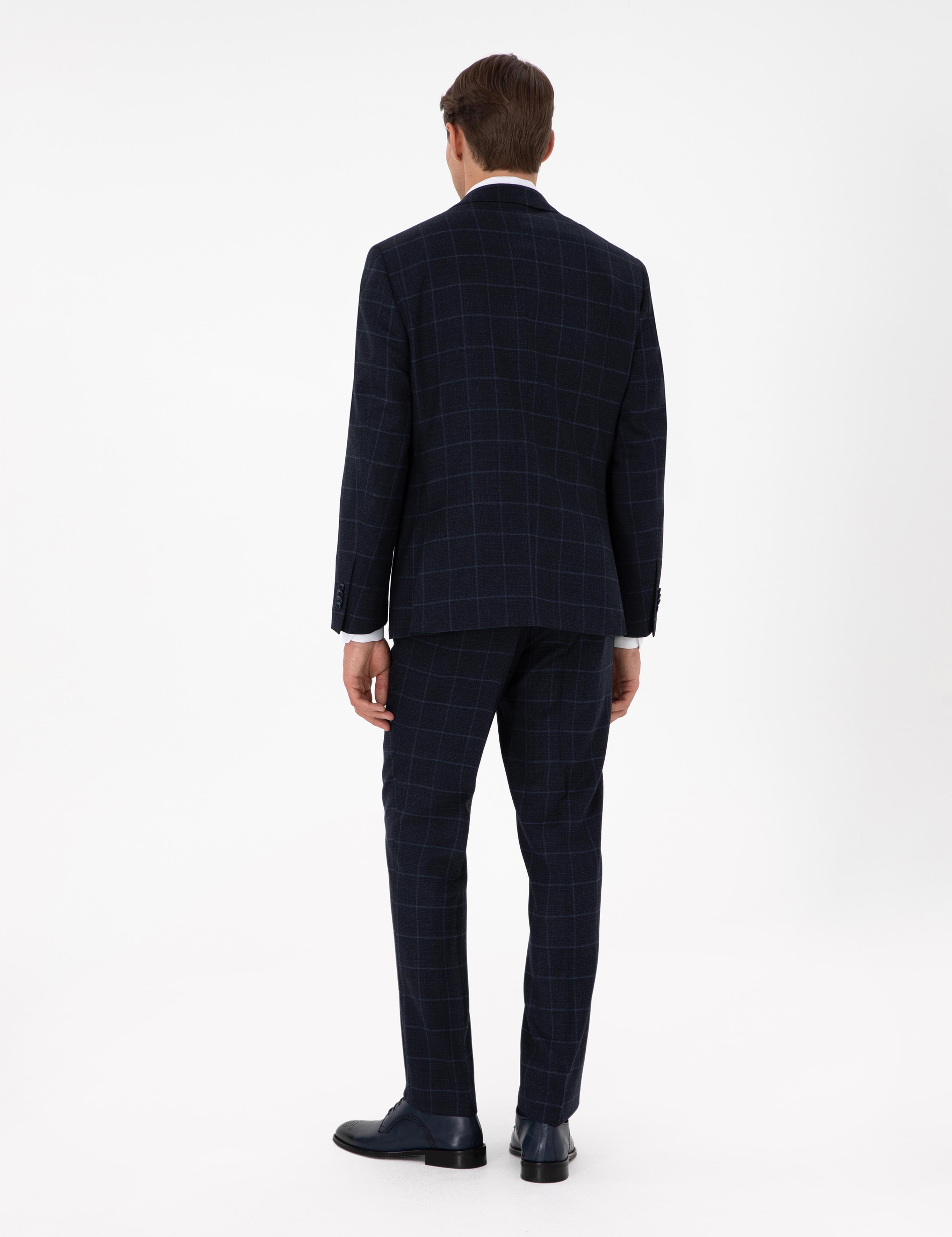 Lacivert Slim Fit Ekose Yünlü Takım Elbise