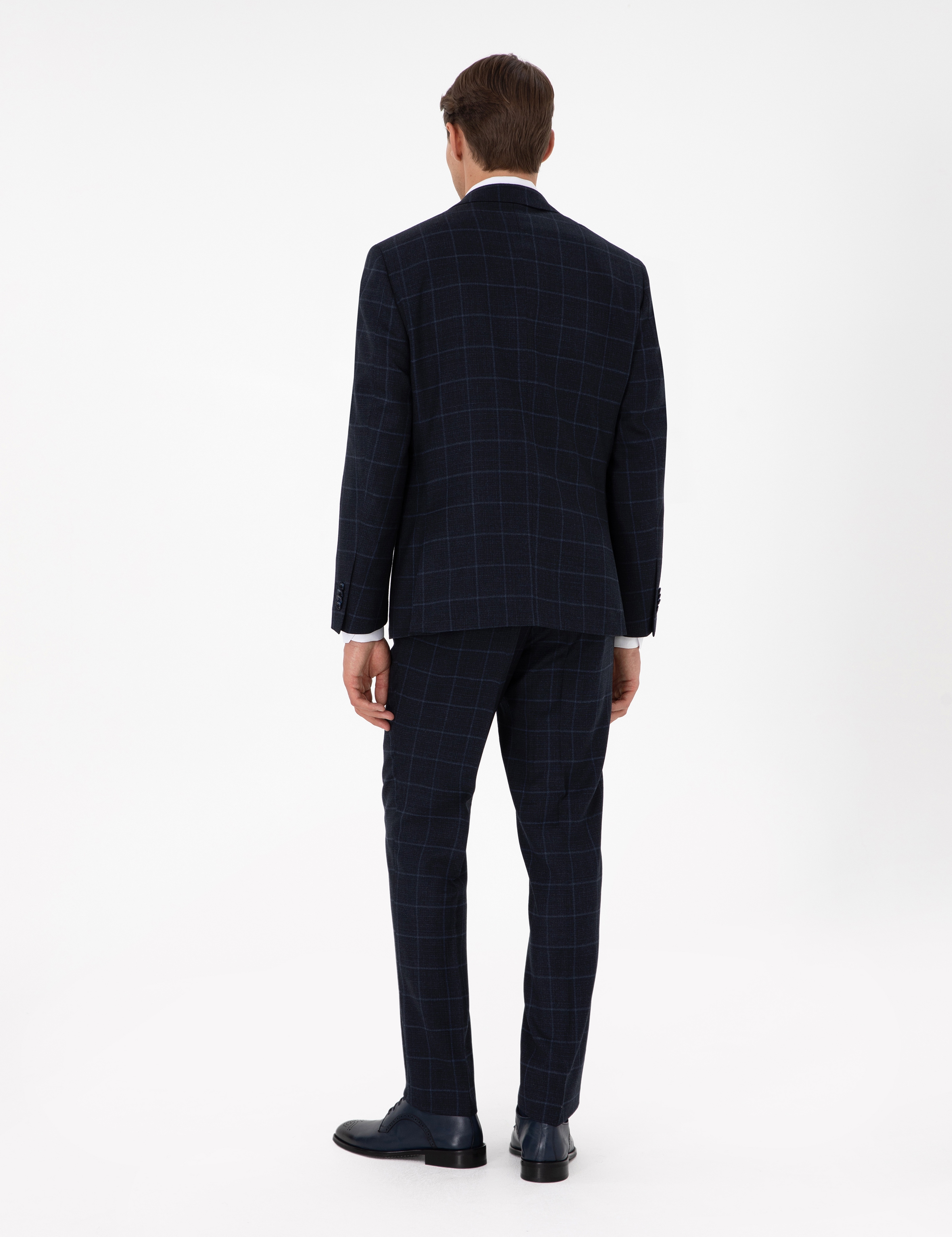 Lacivert Slim Fit Ekose Yünlü Takım Elbise - Image 5