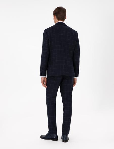 Lacivert Slim Fit Ekose Yünlü Takım Elbise - 50291964047