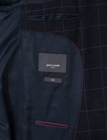 Lacivert Slim Fit Ekose Yünlü Takım Elbise