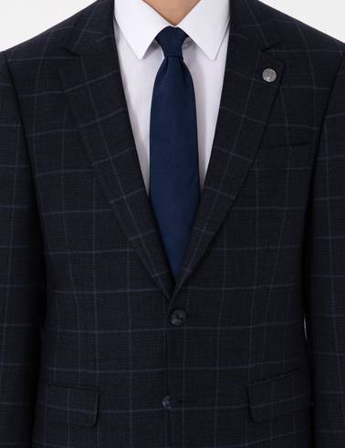 Lacivert Slim Fit Ekose Yünlü Takım Elbise