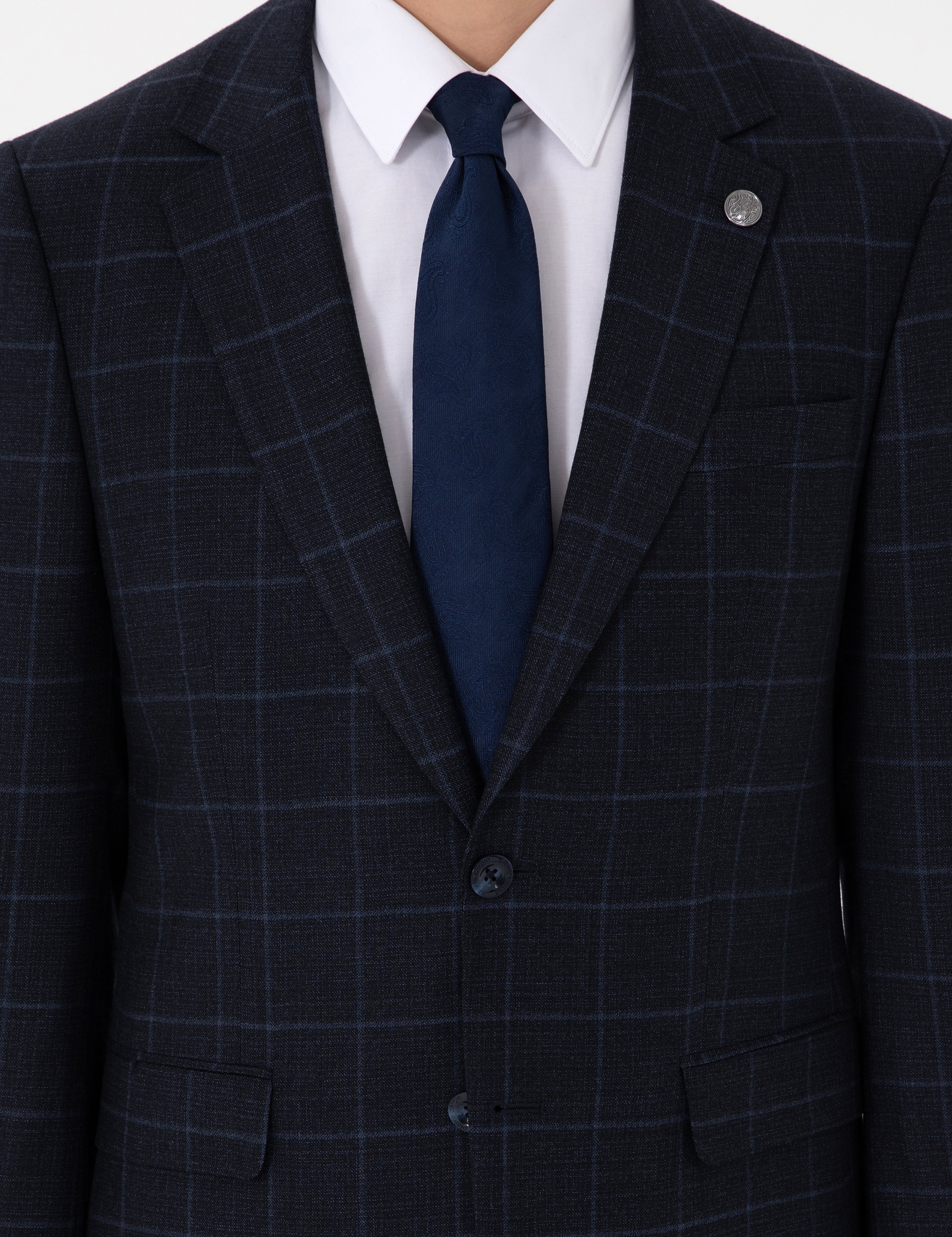 Lacivert Slim Fit Ekose Yünlü Takım Elbise - Image 7