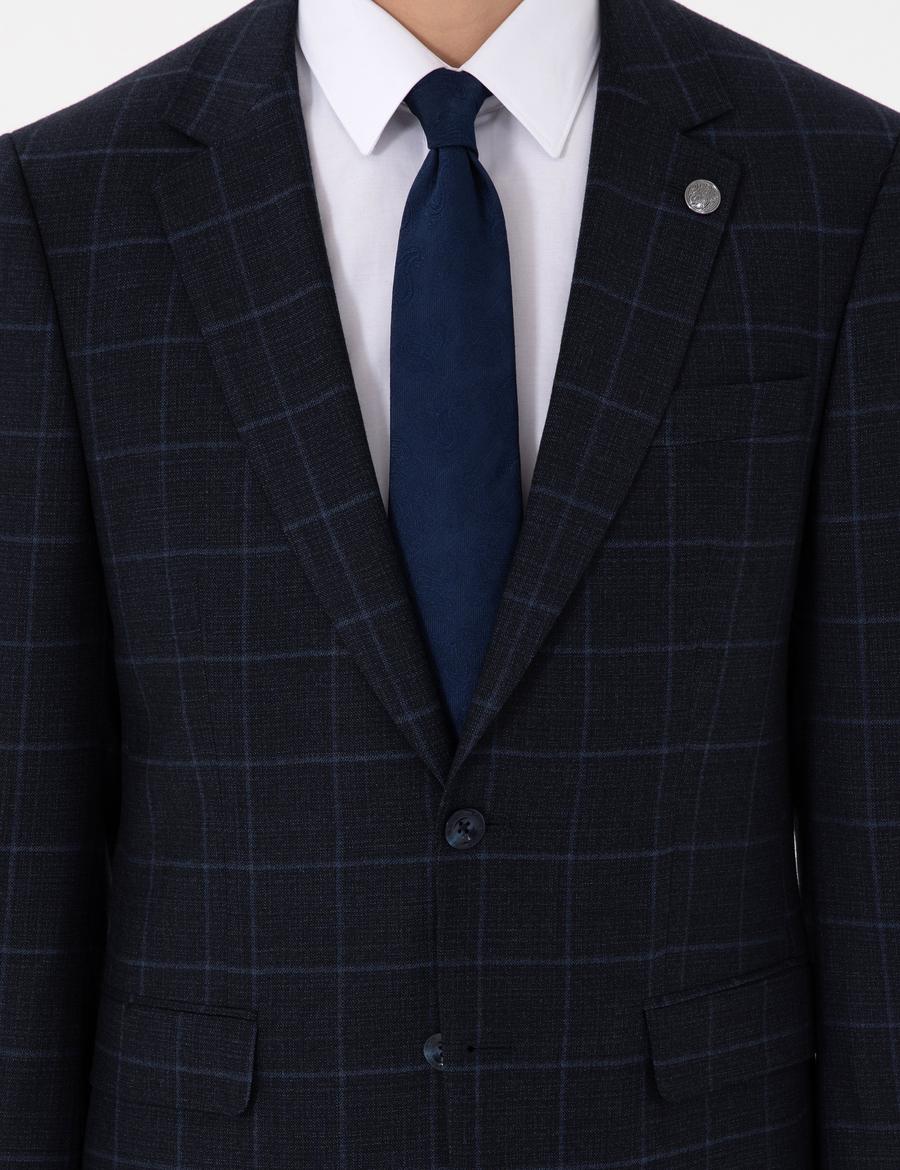 Lacivert Slim Fit Ekose Yünlü Takım Elbise