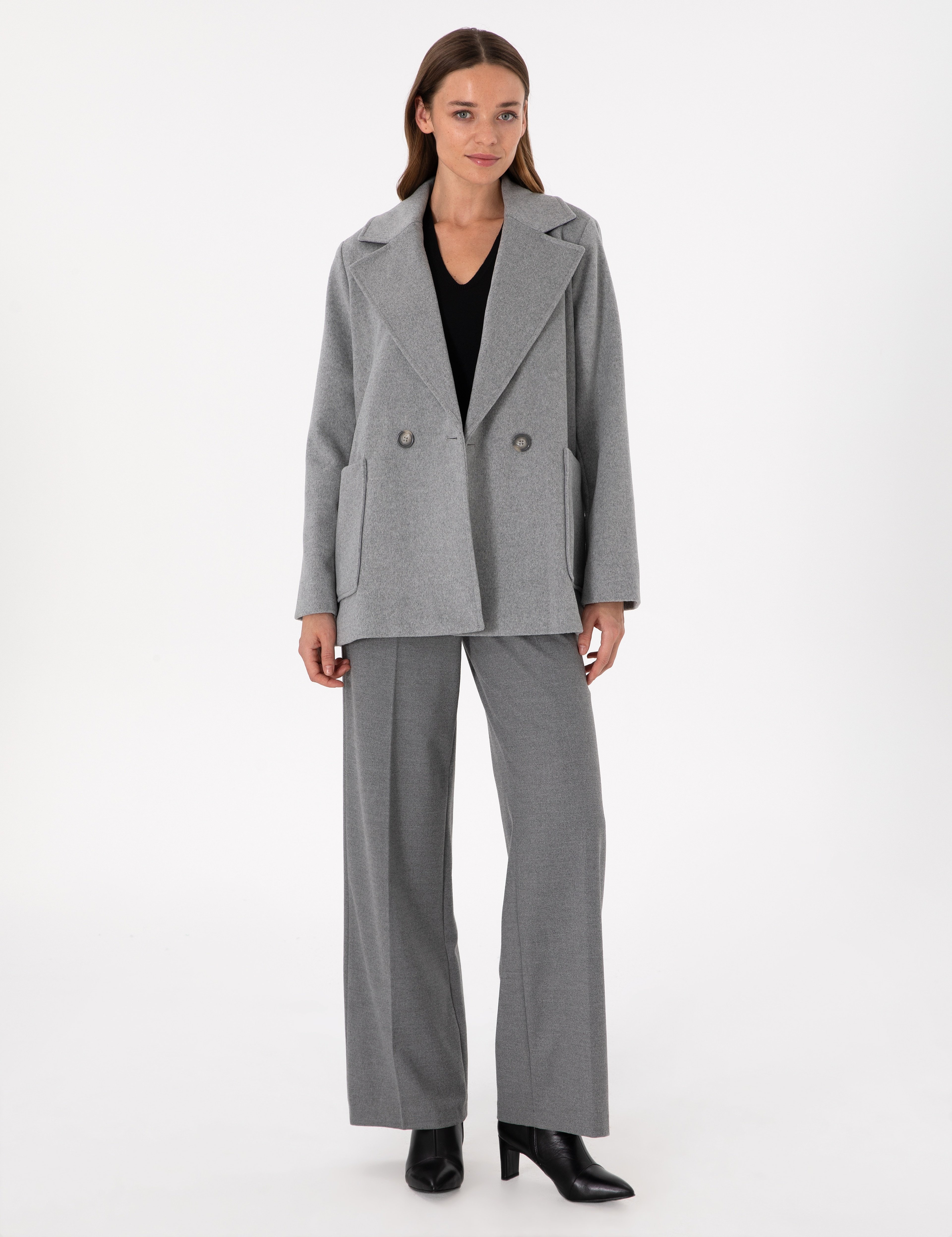 Gri Comfort Fit Yün Karışımlı Kaşe Kaban