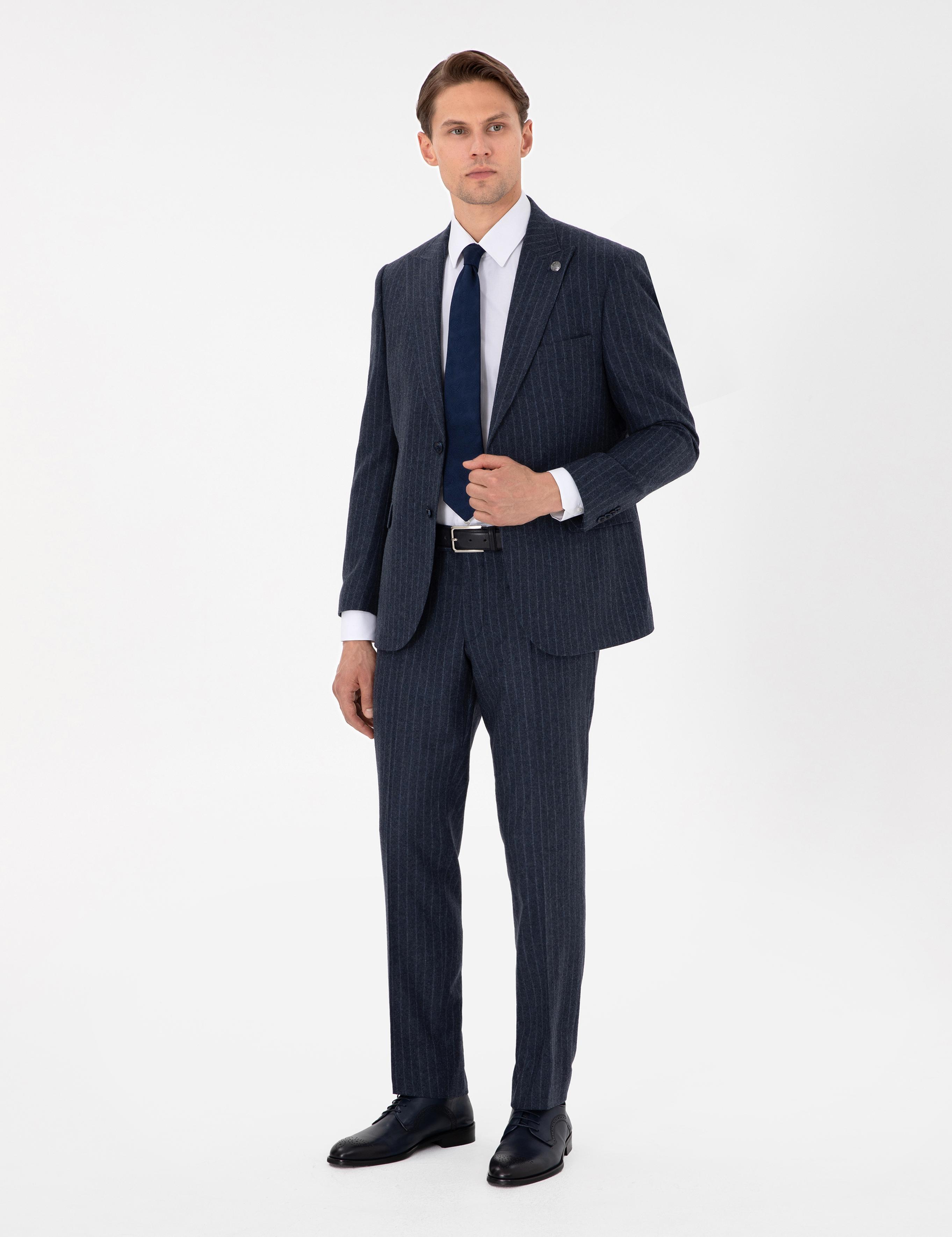 İndigo Slim Fit Çizgili Yün Karışımlı Takım Elbise